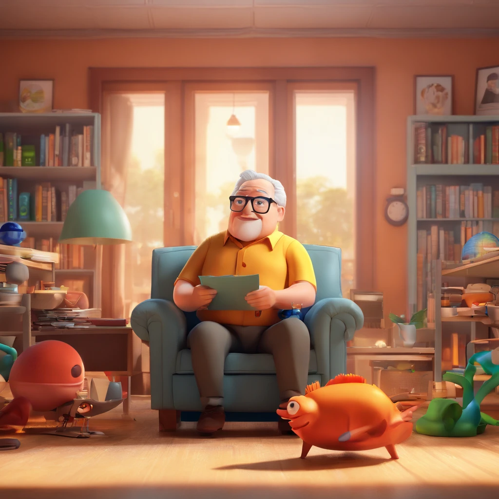 Create a Disney Pixar-inspired poster with the character being a psychiatrist A chubby gray-haired older man wearing glasses, In an office with a couch and medicine.