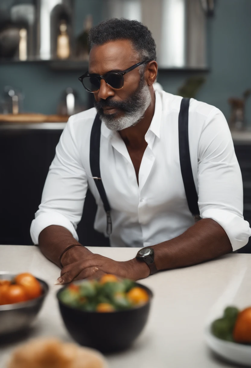 Homem , 50 anos , pele clara , barba branca, careca, de oculos com avental branco , fazendo exe de vista