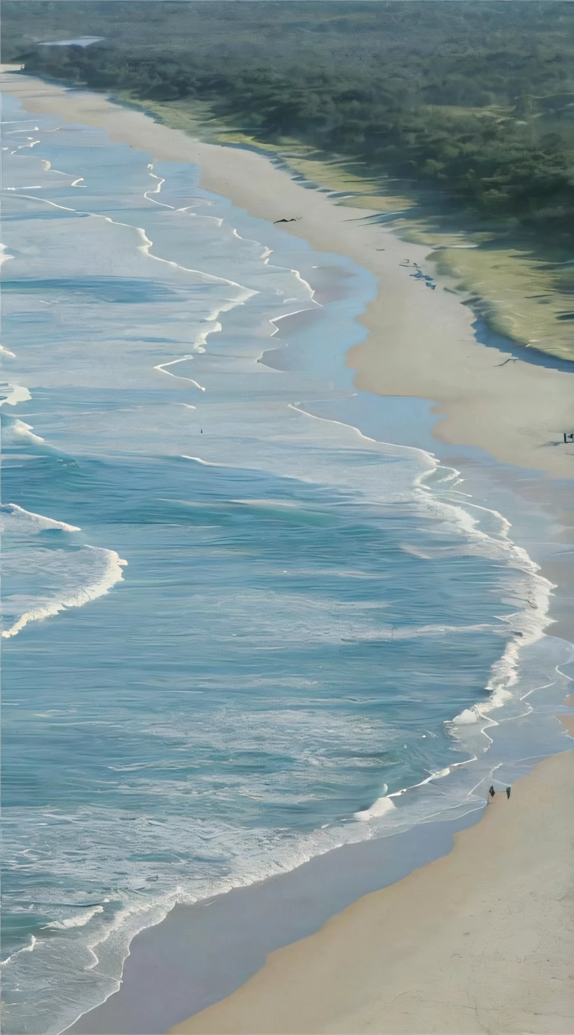 Someone walks on the beach，There are surfboards on the shore, Detailed sea, soft-sanded coastlines, realistic ocean, cresting waves and seafoam, a photo of the ocean, an ocean, sand and sea, Seafront, landscape of a beach, Beautiful ocean, Ripple-like waves, shoreline, a photorealistic painting, An oil painting. wave