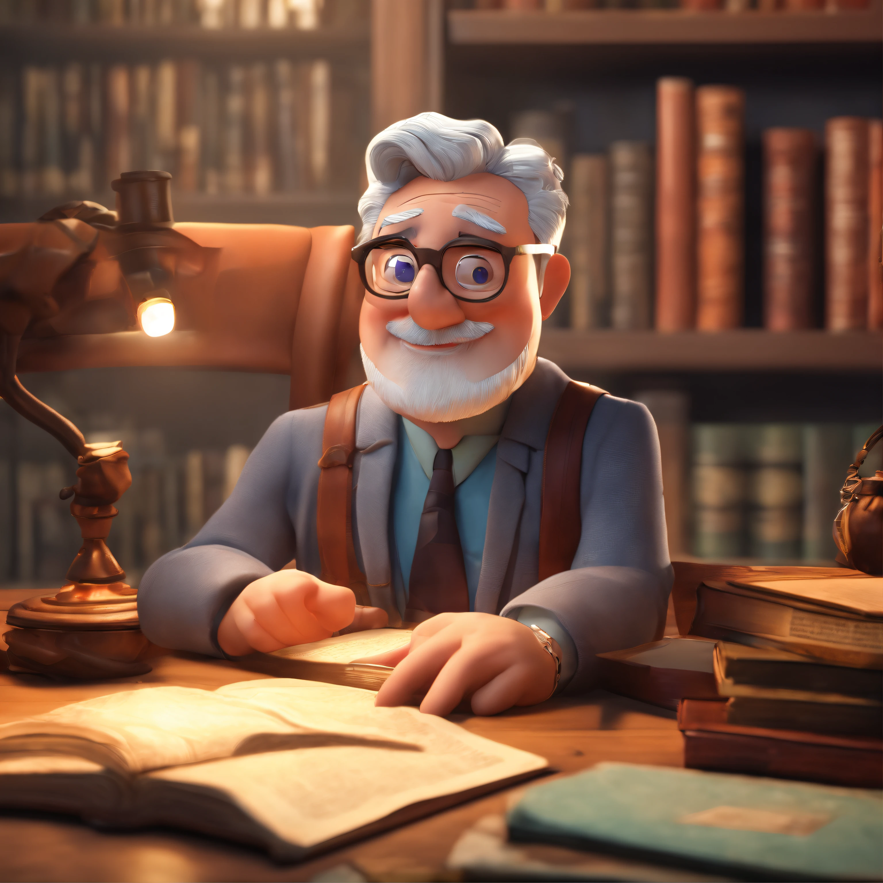Crie um cartaz inspirado na Disney Pixar com o personagem sendo o pastor Rubens Janier, A gray-haired man wearing glasses, in an office with a Bible on the table