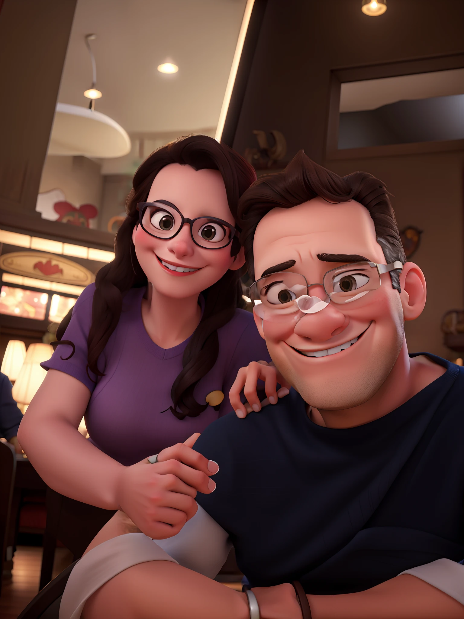 Disney Style Couple With Glasses Smiling In Restaurant.