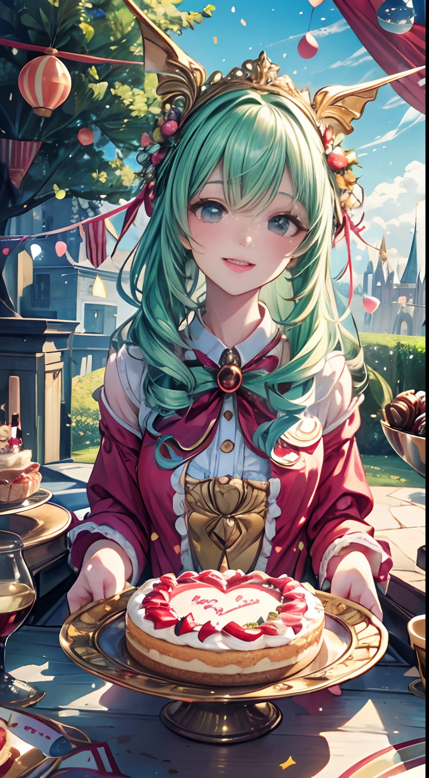 (Best quality,A high resolution,Masterpiece:1.2),Ultra-detailed,(Realistic:1.37),Cartoon style,Fantastic cream kingdom,Beautiful birthday cake,Whimsical,Cute characters,candy pastel,Enchanting atmosphere,Fluffy clouds,and sunlight pours down,Towering castle,Lush green garden,Foaming sprinkler,Magical candles,Delicious aroma,Sweet temptation,Happy celebration,Birthday Blessing,Joyful laughter,Dream come true,lively scenes,Playful and lively creatures,Exquisite ornaments,Scrub the layer,Fairytale setting,Endless imagination,Chocolate drizzle,Colorful confetti,Irresistible sweetness,Magical moments of bliss,Party hats and balloons,Festive and cheerful atmosphere,chirping birds,The wish to blow out the candle,Friends smile and sing,Memorable and enjoyable