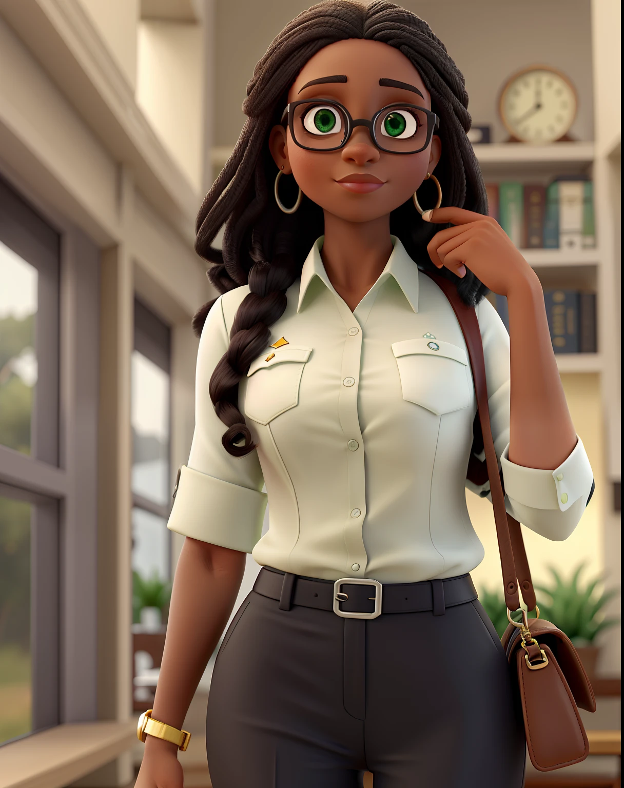 Uma mulher advogada, jovem, Serious, Chic and wise, com cabelo longo e liso escuro, olhos na cor preta, olhos esbugalhados e boca grande, with black dress pants, blusa preta e brazer verde bandeira, of prescription glasses with brown frame with ounce, salto alto preto, In a fancy law firm.