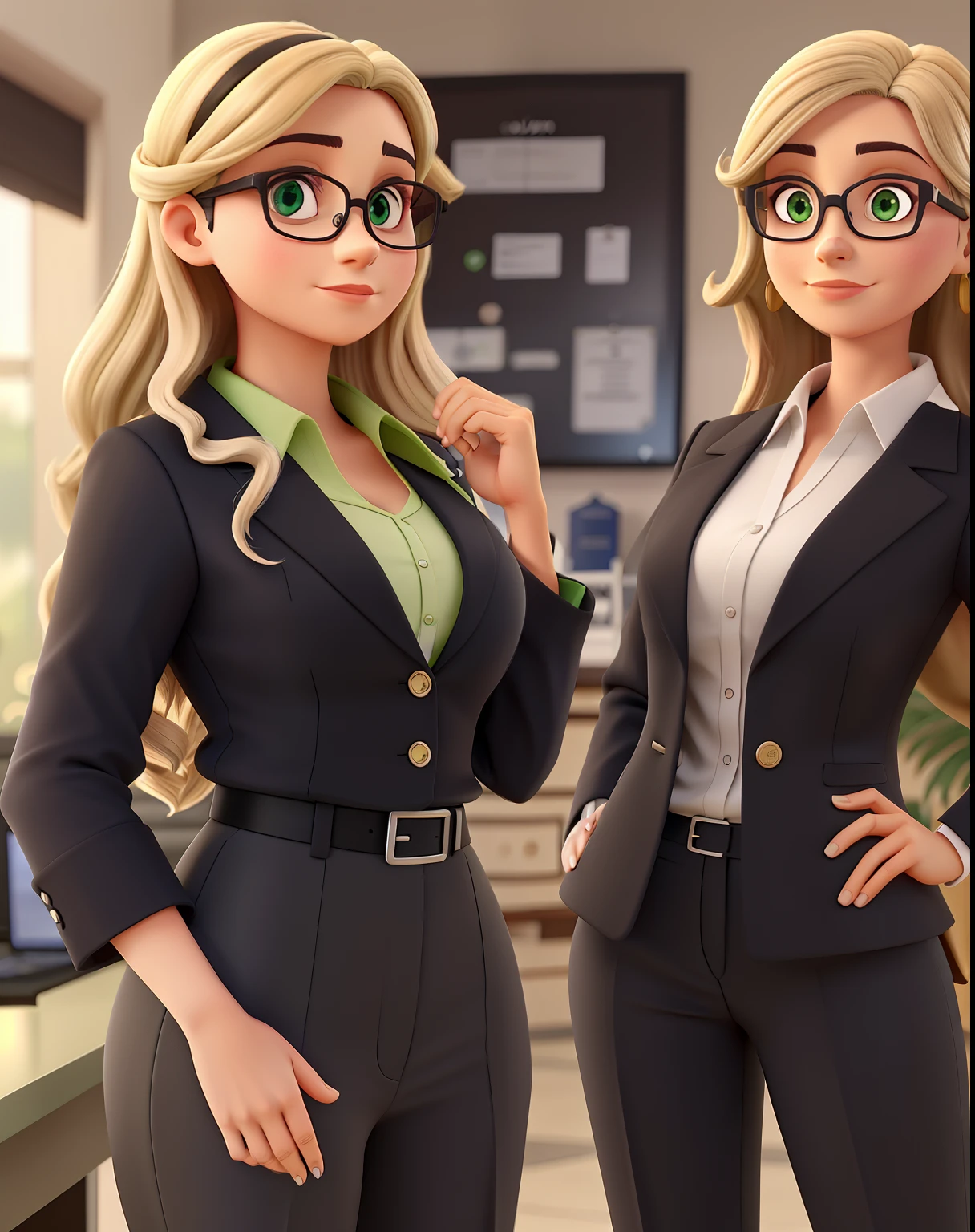 Uma mulher advogada, jovem, Serious, Chic and wise, com cabelo longo e liso escuro, olhos na cor preta, olhos esbugalhados e boca grande, with black dress pants, blusa preta e brazer verde bandeira, of prescription glasses with brown frame with ounce, salto alto preto, In a fancy law firm.
