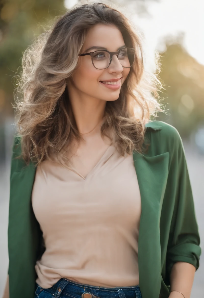 master part, best quality, 1girl, sozinho, 23 anos, adulto, Cabelos marejados e verdes, messy hair, asymmetrical hair, Ahoge, cabelos muito curtos, aqua eyes, medium breasts, Tonificado, 167 centimeters, pale skin, glasses, sorriso, camisa verde oliva, jeans, Espreita Midriff,