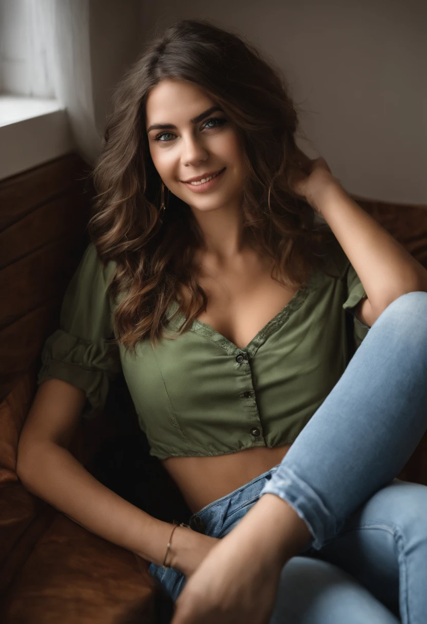 master part, best quality, 1girl, sozinho, 23 anos, adulto, Cabelos marejados e verdes, messy hair, asymmetrical hair, Ahoge, cabelos muito curtos, aqua eyes, medium breasts,  Tonificado, 167 centimeters, pale skin, glasses, sorriso, camisa verde oliva, jeans, Espreita Midriff,