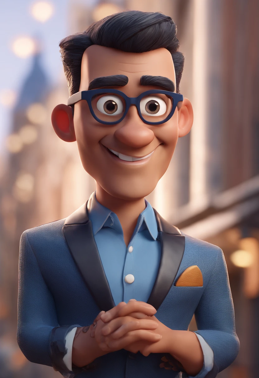 Cartoon character of a man with black glasses and a blue shirt, animation character, Caractere estilizado, animation style rendering, 3D estilizado, Arnold Maya render, 3 d render stylized, toon render keyshot, Personagem 3D, Personagem 3D, 3d rendering stylized, 3 d character render, personagem de desenho animado, Personagem de close up, Pose de personagem,  (Estilo Pixar) (master part:1.2) (Bokeh) (best quality) (pele detalhada) (textura detalhada) (8k) (argila) (Cinematic lighting) (foco nítido