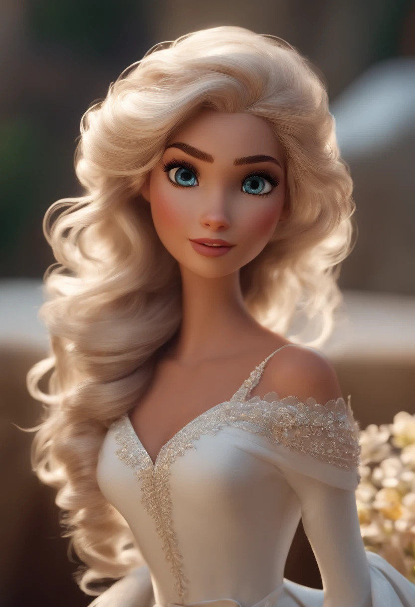 Imagem estilo Pixar com personagem 3D branco, olhos claros, cabelo castanho claro curto com topete, boca rosas nariz grande, sorrindo