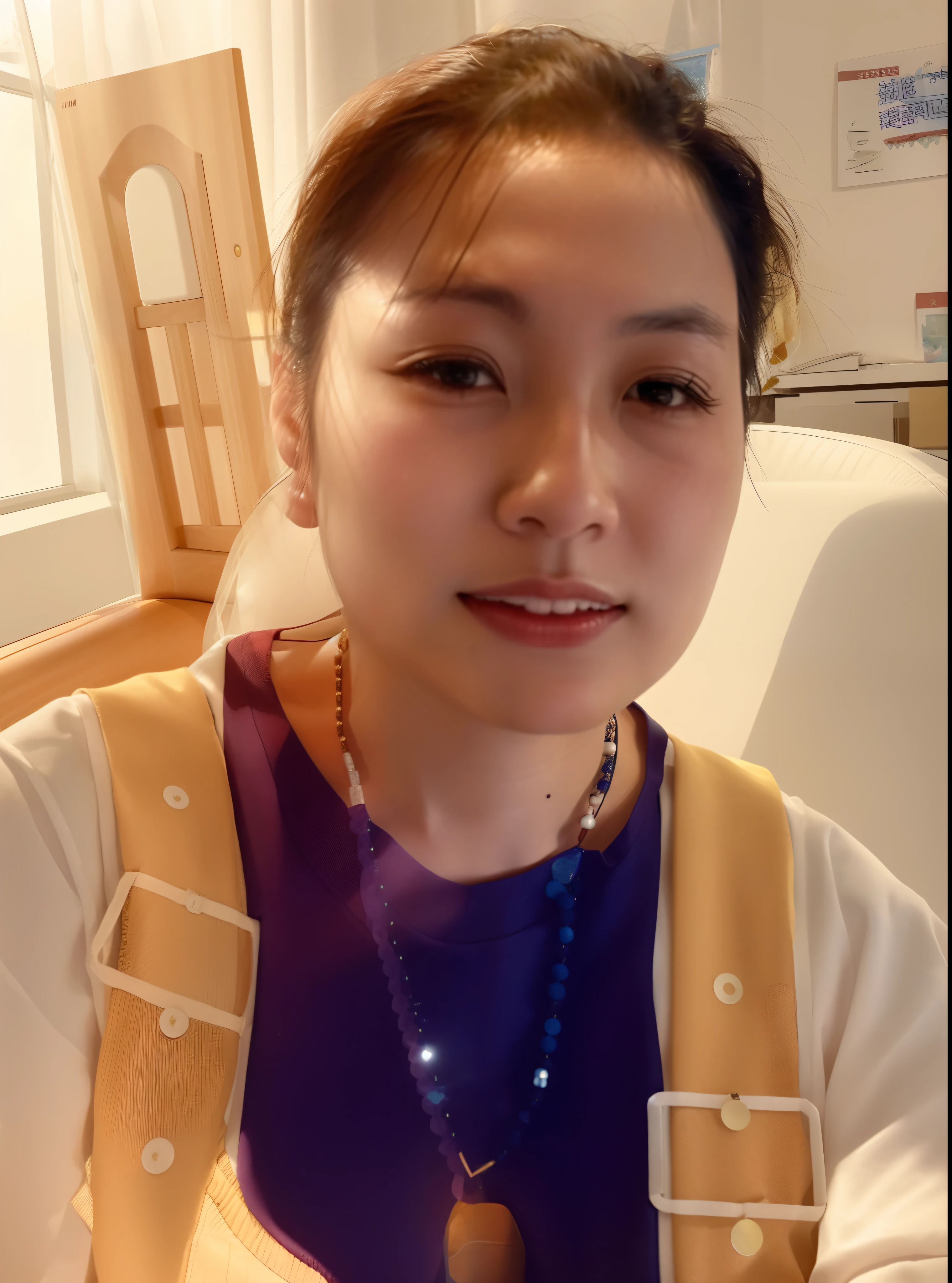 there is a woman sitting in a chair with a necklace on, 38 years old, 3 6 years old, 3 2 years old, xintong chen, 2 9 years old, 3 0 years old woman, 30 years old woman, 2 8 years old, 2 7 years old, zeng fanzh, (38 years old), 3 5 years old