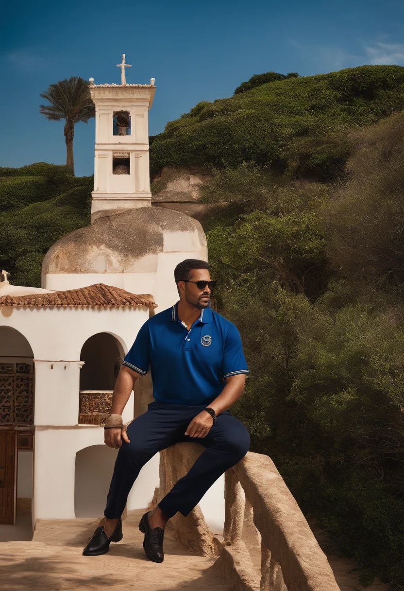 Um rapaz pardo com cavanhaque baixo, com uniforme azul marinho gola polo, com bordado quality no peito, on the computer with several large format printers and computer in a print shop that is called Quality,