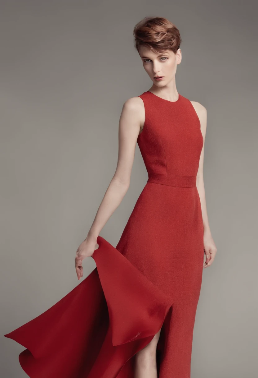 1woman, standing,Short red dress