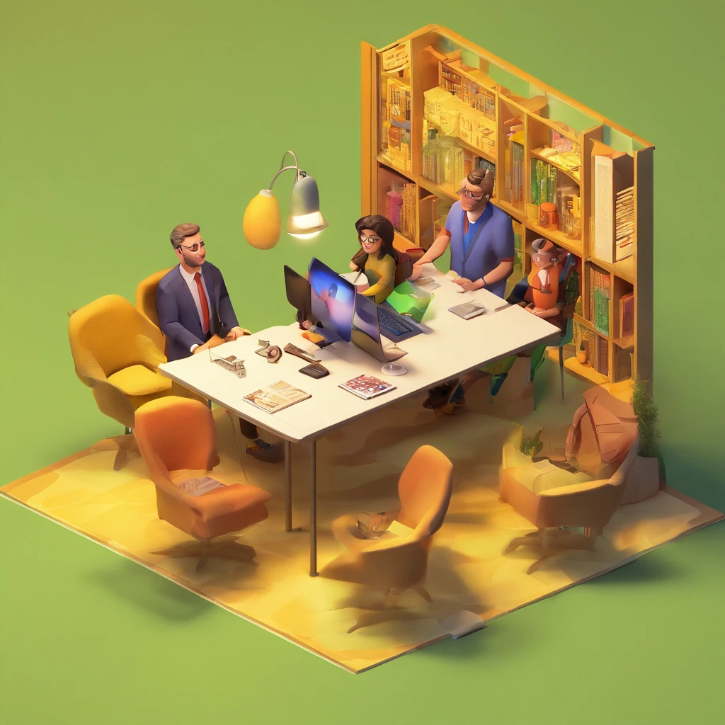 Crie um cartaz inspirado na Disney pixar, Three men are sitting at a table with laptops and a yellow ball, em um fundo escuro, fundo interessante, corporate animation style, centro da imagem, nice lighting, Trabalhando em um laptop em uma mesa, na frente de um computador, centro da imagem, illuminating the area, estudar em uma sala iluminada, technical