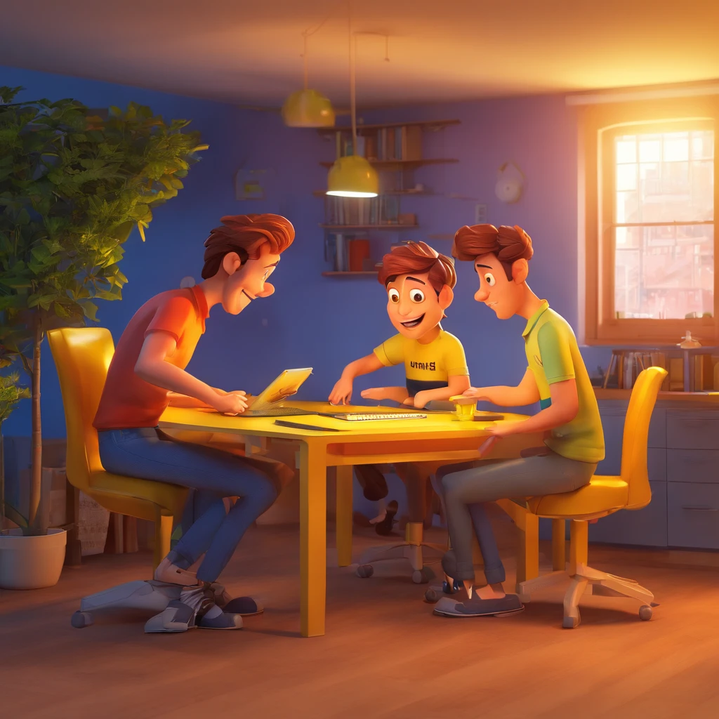 Crie um cartaz inspirado na Disney pixar, Three men are sitting at a table with laptops and a yellow ball, em um fundo escuro, fundo interessante, corporate animation style, centro da imagem, nice lighting, Trabalhando em um laptop em uma mesa, na frente de um computador, centro da imagem, illuminating the area, estudar em uma sala iluminada, technical