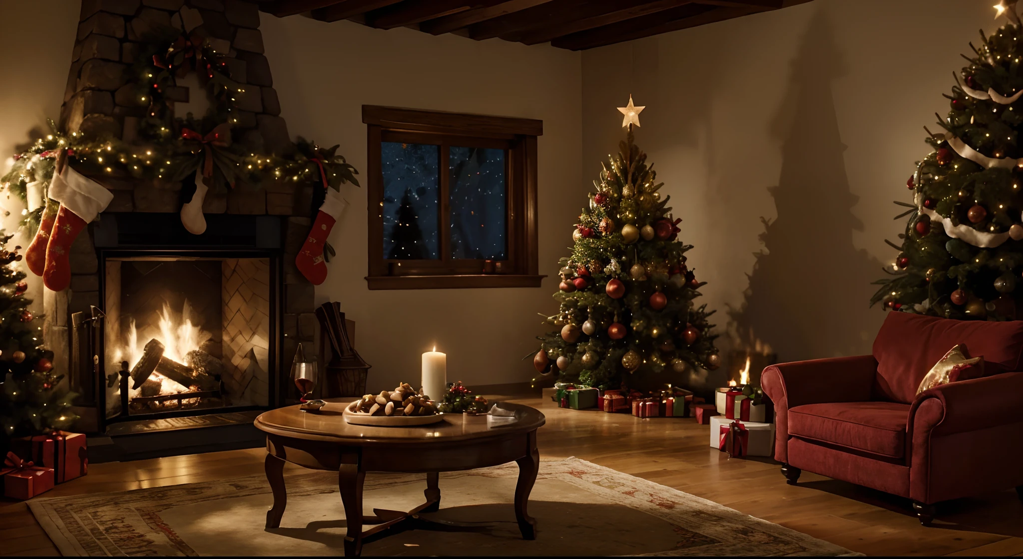 a cozy christmas ambience, with all christmas objects, a large christamas trees a table with christmas snacks and coffee and a pretty fireplace