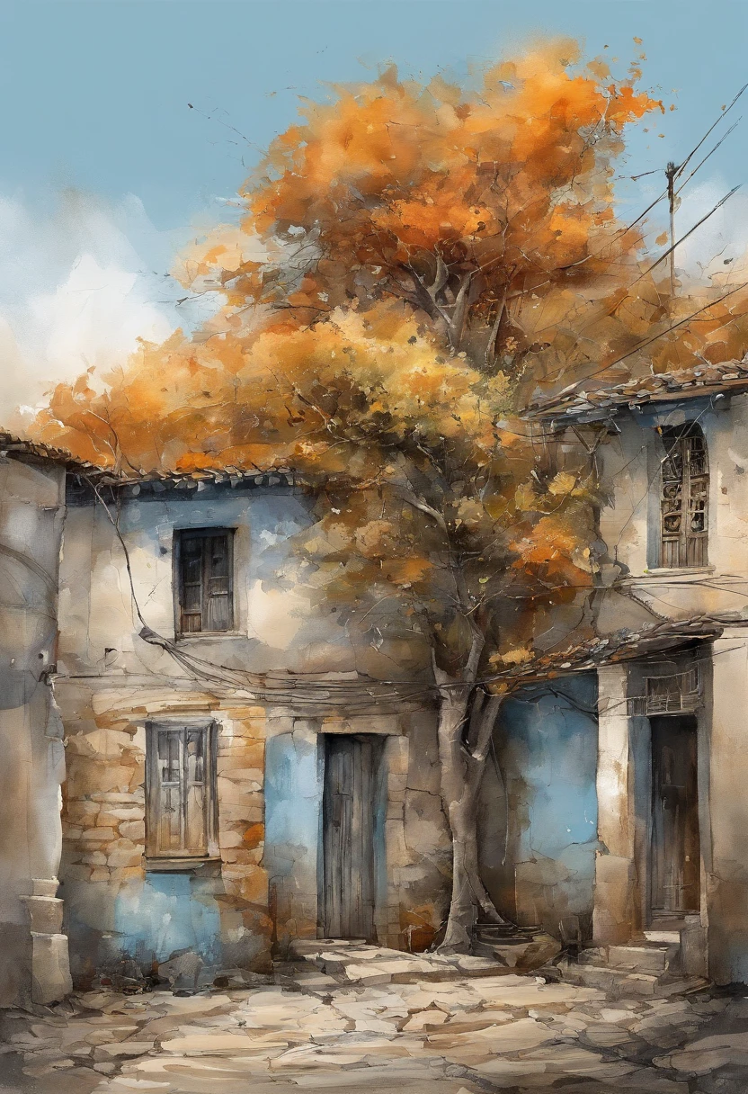 Lugarzinho muito aconchegante，realismo ultrarrealista，Makoto Shinkai anime，Old ruined houses in the streets of the city，home wiring，Ao ar livre，Skysky，nuvem，Durante o dia，scenecy，The tree，sky-blue，bulidagem，Sinalizadores，electrical wires，railing，Lente larga，Postes，Cidades，deserto，flores frescas