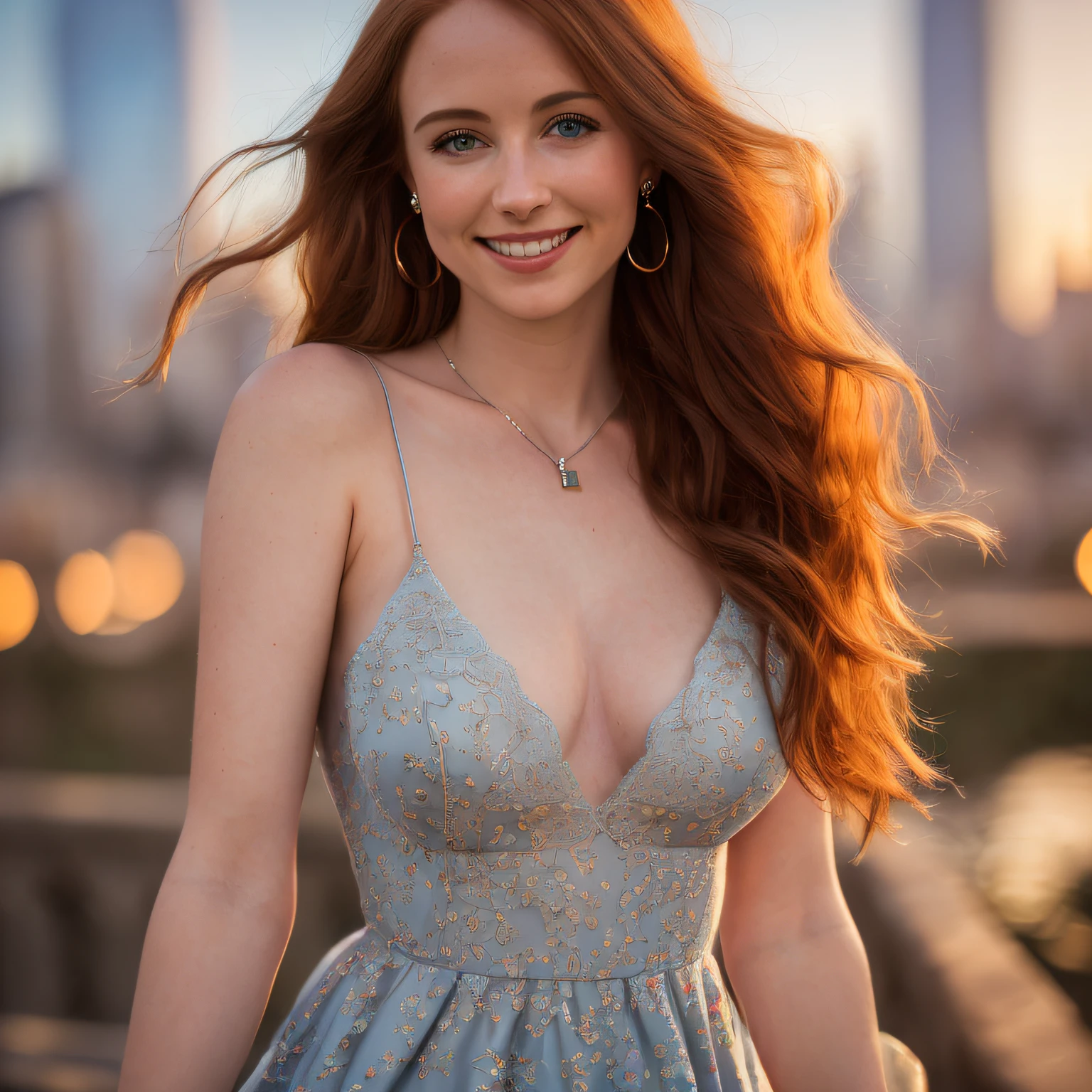 masterpiece, best quality, highres, (photorealistic:1.4), (depth of field:1.8), beautiful 22yo woman, thigh gap,
1 girl, ginger hair, long hair, pale skin, german, smileing,feminine physique,(solo:1.1), nice sexy blue dress, hard nipple, bare shoulder, cleavage, elbow gloves, (looking at viewer:1.2), (smile:1.2), (full body:1.), (in the city:1.5), large breast,
(8k, cinematic composition, photorealistic, sharp focus), elaborate background, cinematic, rule of thirds, sunset, orinage light