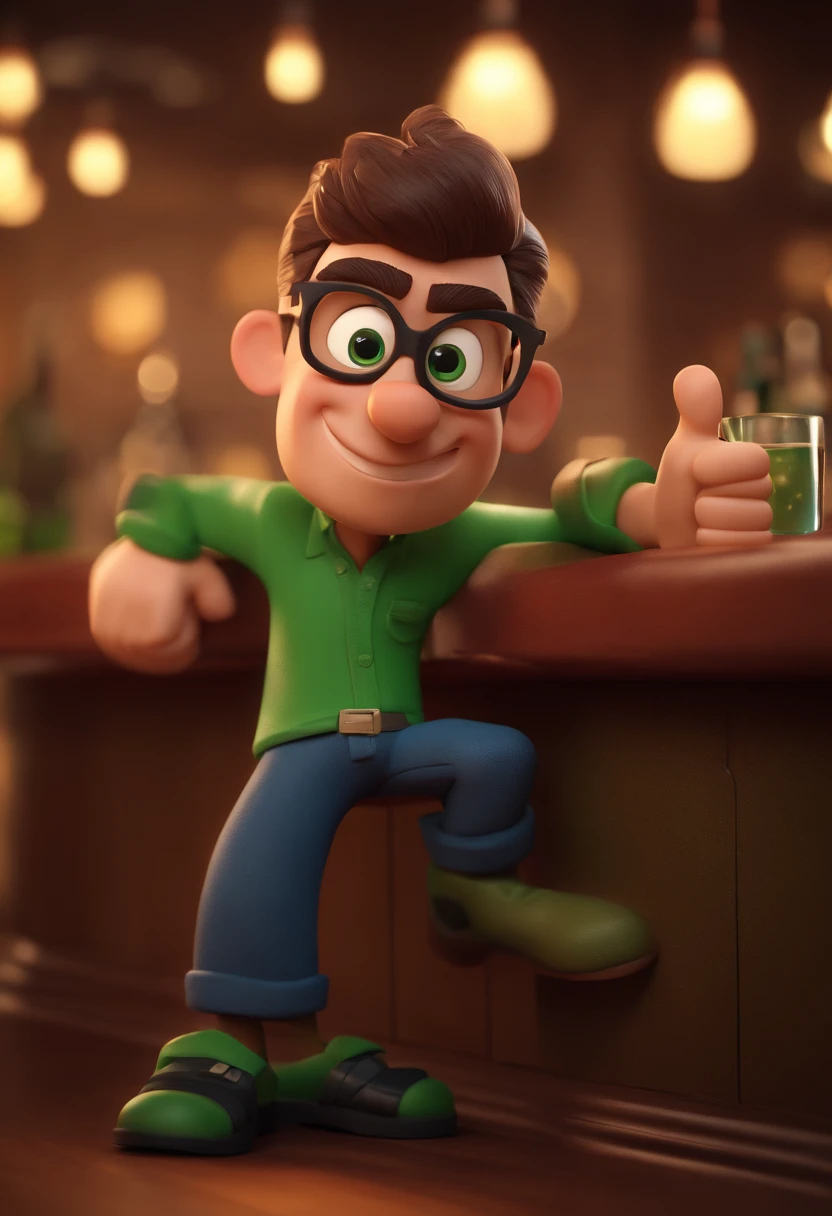 Cartoon character of a brunette man in green cap backwards with round brown glasses and a black shirt at the bar giving thumbs up, animation character, Caractere estilizado, animation style rendering, 3D estilizado, Arnold Maya render, 3 d render stylized, toon render keyshot, Personagem 3D, Personagem 3D, 3d rendering stylized, 3 d character render, personagem de desenho animado, Personagem de close up, Pose de personagem, (Estilo Pixar) (master part:1.2) (Bokeh) (best quality) (pele detalhada) (textura detalhada) (8k) (argila) (Cinematic lighting) (foco nítido