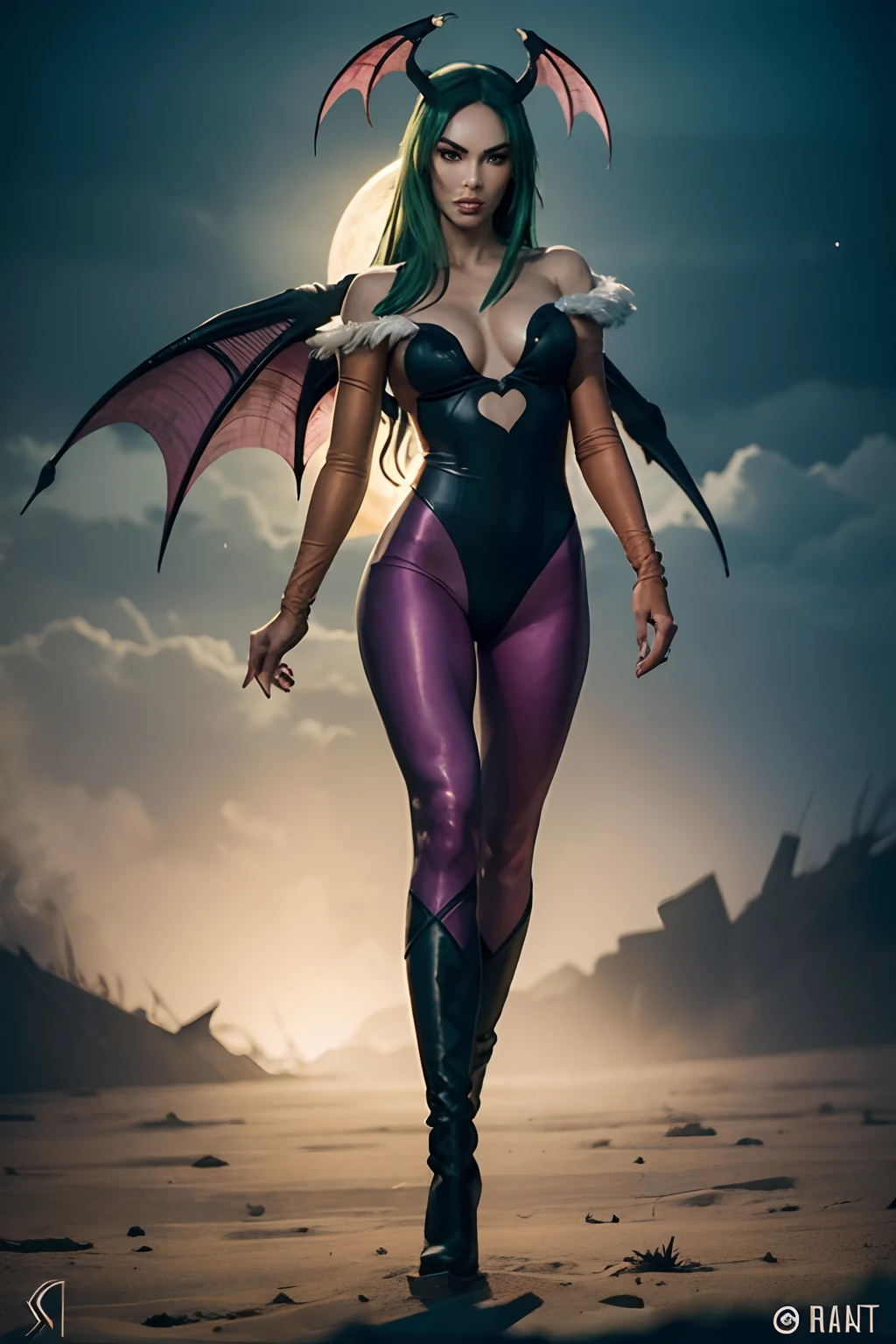 Megan Fox em Creative Artistry Print de Morrigan Aensland Personagem do jogo Darkstalkers em estilo hiper realista, with bat wings on the head, ((asas de morcego nas costas)), ((cabelo verde)), cabelo longo, black swimsuit, purple pantyhose, Beige gloves covering the entire arm, bota preta, par de botas pretas, medium bust, rosto de pele branca, arte de corpo inteiro, a noite, lunar illumination.