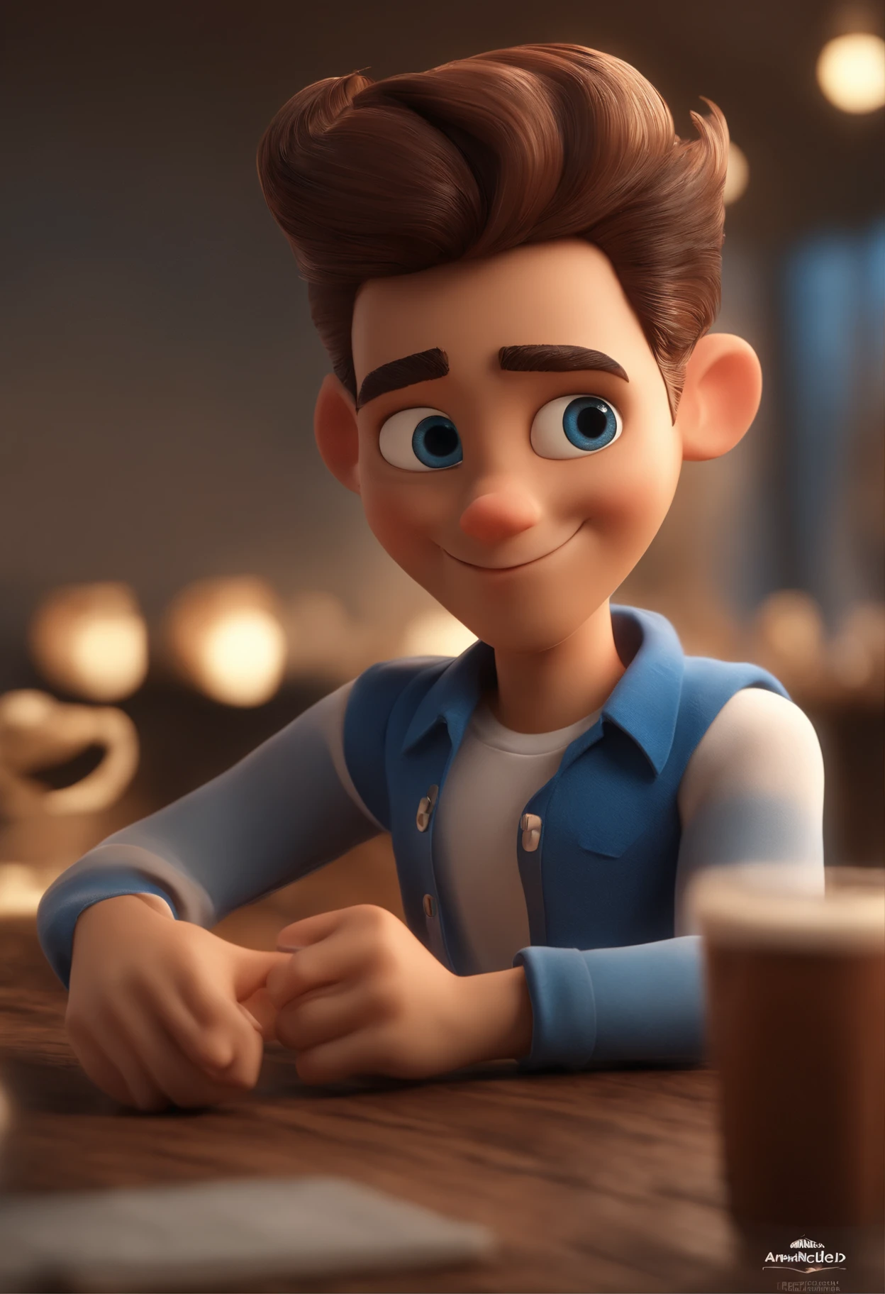 Garoto, estilo disney, tom de pele: claro:  Cabelo: marrom escuro, liso, curto, penteado para o lado direito. camisa: social, Cor azul. Fundo: Gray and white gradient,Comemorando, Hands raised, sorrindo, feliz, (estilo pixar) (obra-prima:1.2) (bokeh) (melhor qualidade) (pele detalhada) (textura detalhada) (8k) (claymation) (cinematic lighthing) (foco nítido