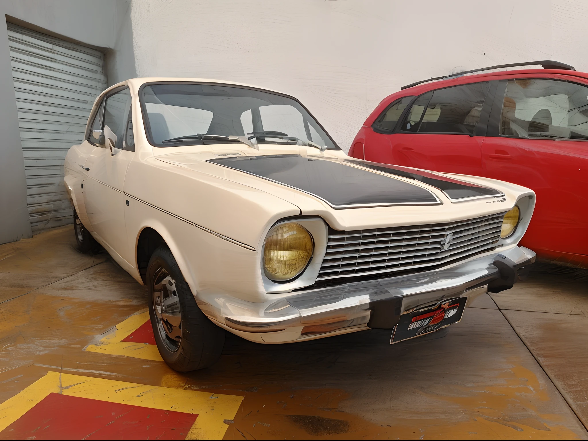 Crie um retrato de um carro esportivo, um Ford Corcel GT 1977 branco, com faixas e adesivos na cor preta, Pixar-style and reminiscent of the movie "Cars". The background must be some tourist spot in the city of Campinas, São Paulo, Brasil.