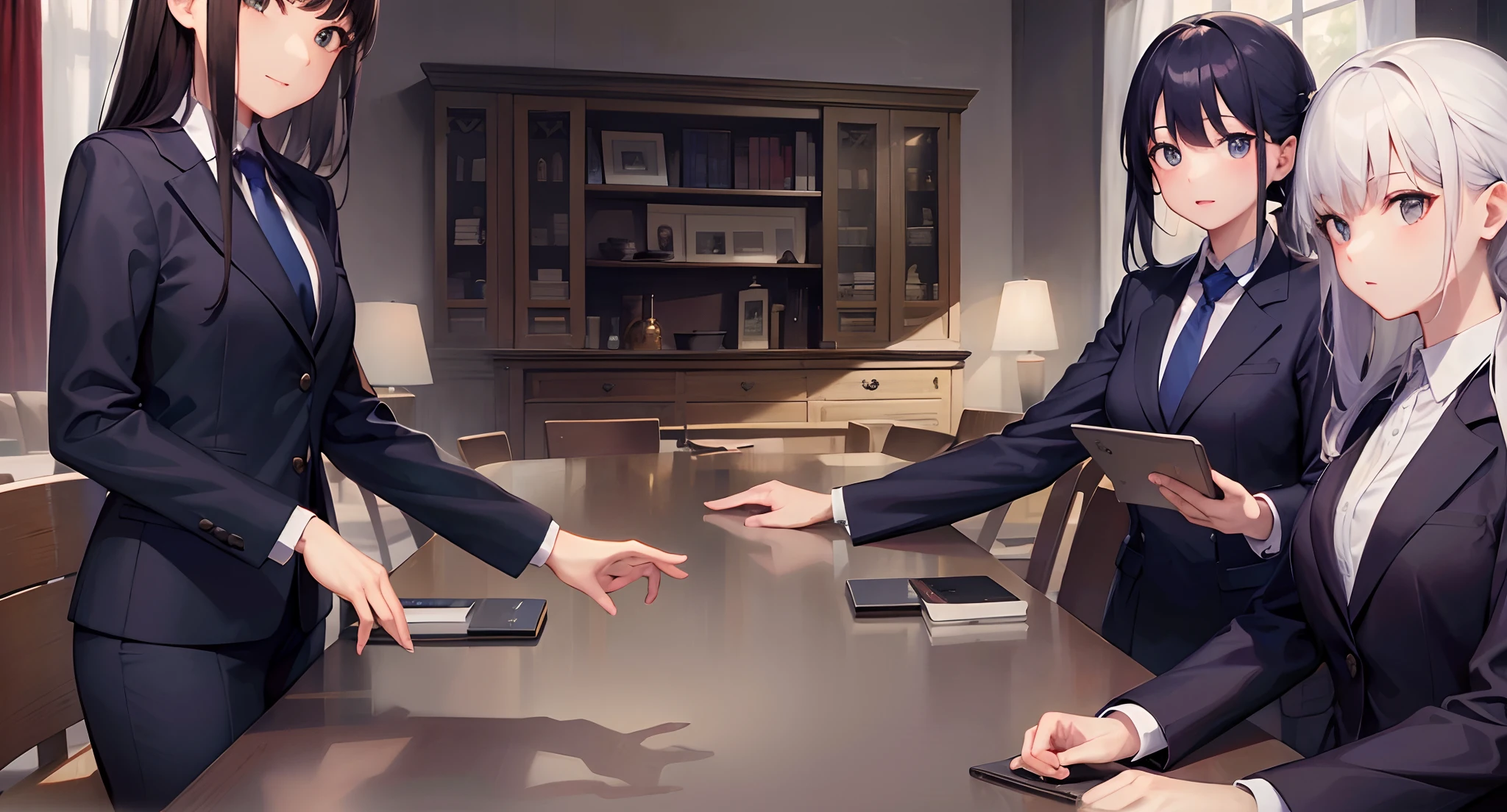 Three girls at a table, wearing suits, ((8k)), ((high resoltion)), ((high quality))