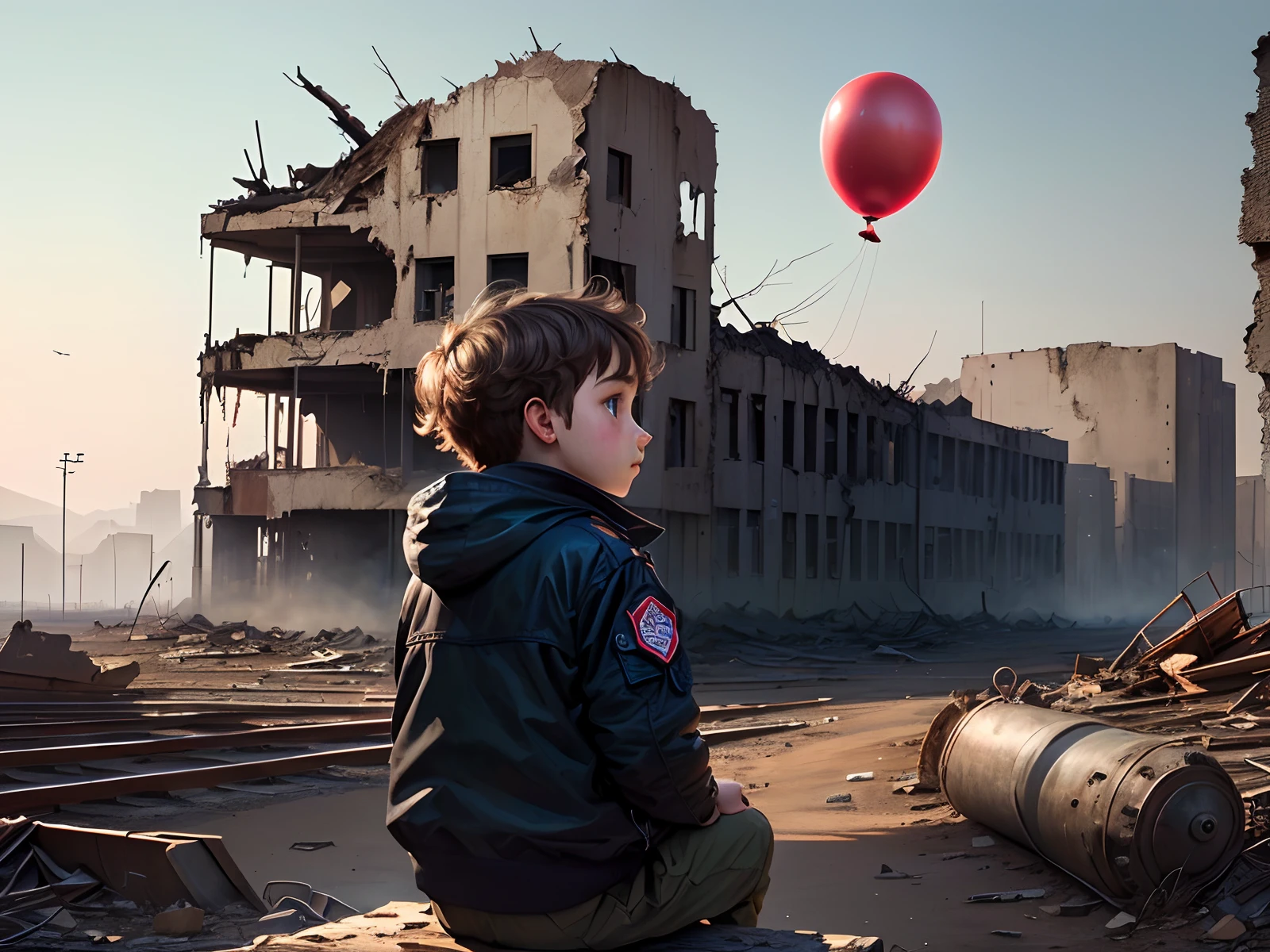 A sits sadly in the middle of a ruined landscape and has a balloon in his hand. Im Hintergrund ist noch ein Bomber zu sehen