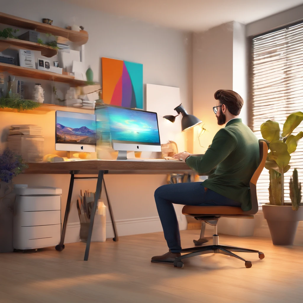 Arafed man sitting at a desk with a computer and a plant - SeaArt AI