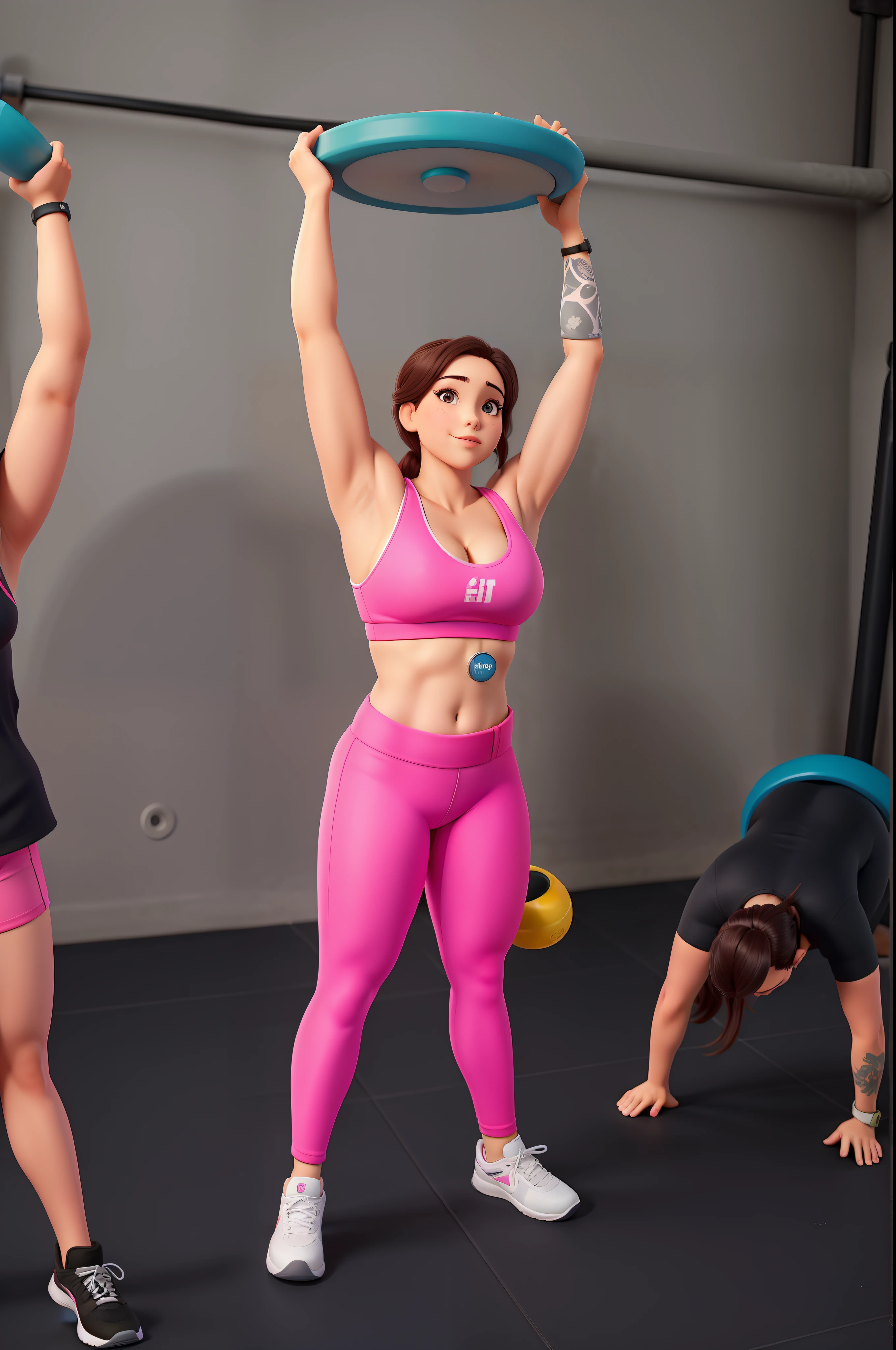 There are two women doing a squat with a frisbee in their hands, curvy crossfit build, athletic crossfit build, corpo feminino, corpo rosa, musculoso! CrossFit, fit curvy physique, corpo inteiro, corpo inteiro, tiro no meio do corpo, thicc, pink body harness, brassier, mulheres de corpo inteiro, mulher em forma, muito suado, Propulsores
