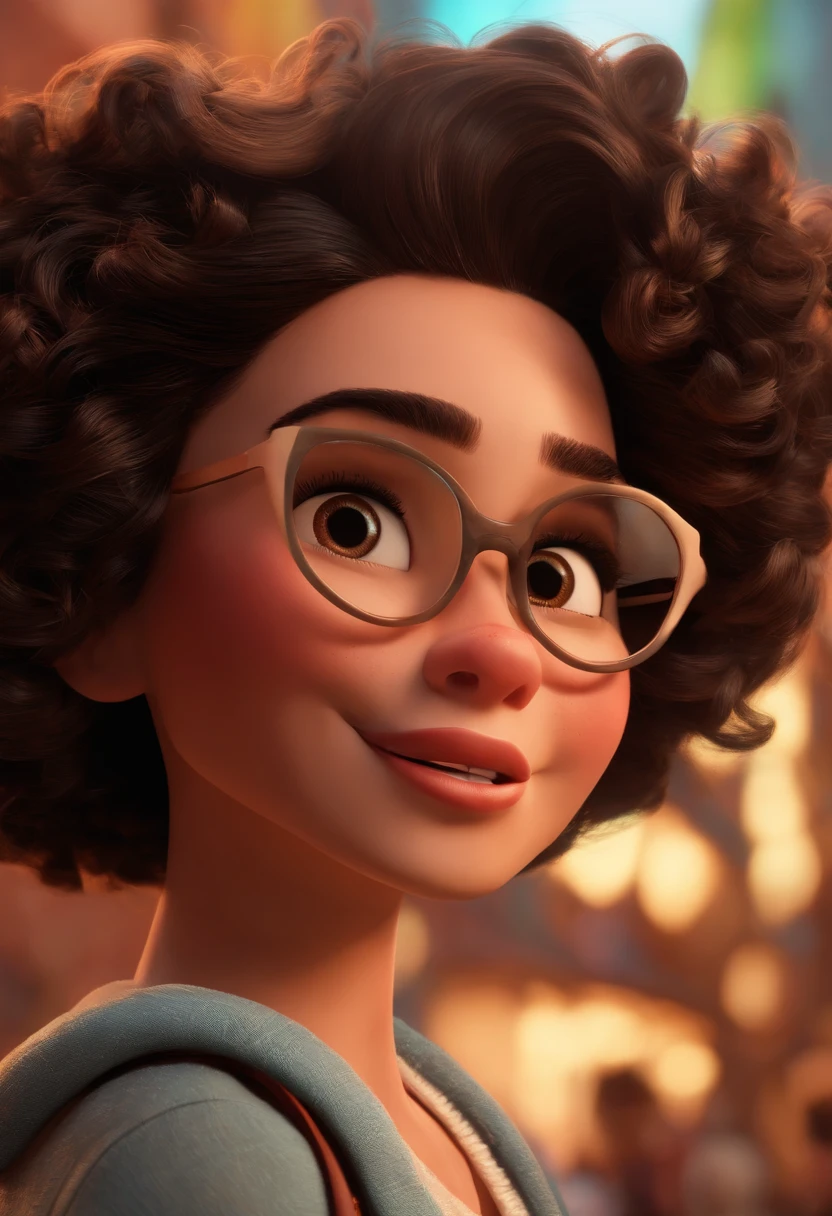 Pixar style image with 3D character lilac glasses 5 year old girl with autism, brunette, black curly hair, dancing, Maquiagem Disney,Pescador, bonitinho, sorridente, charming movie family, Close-up, Pixar, Disney, Cinema lighting,