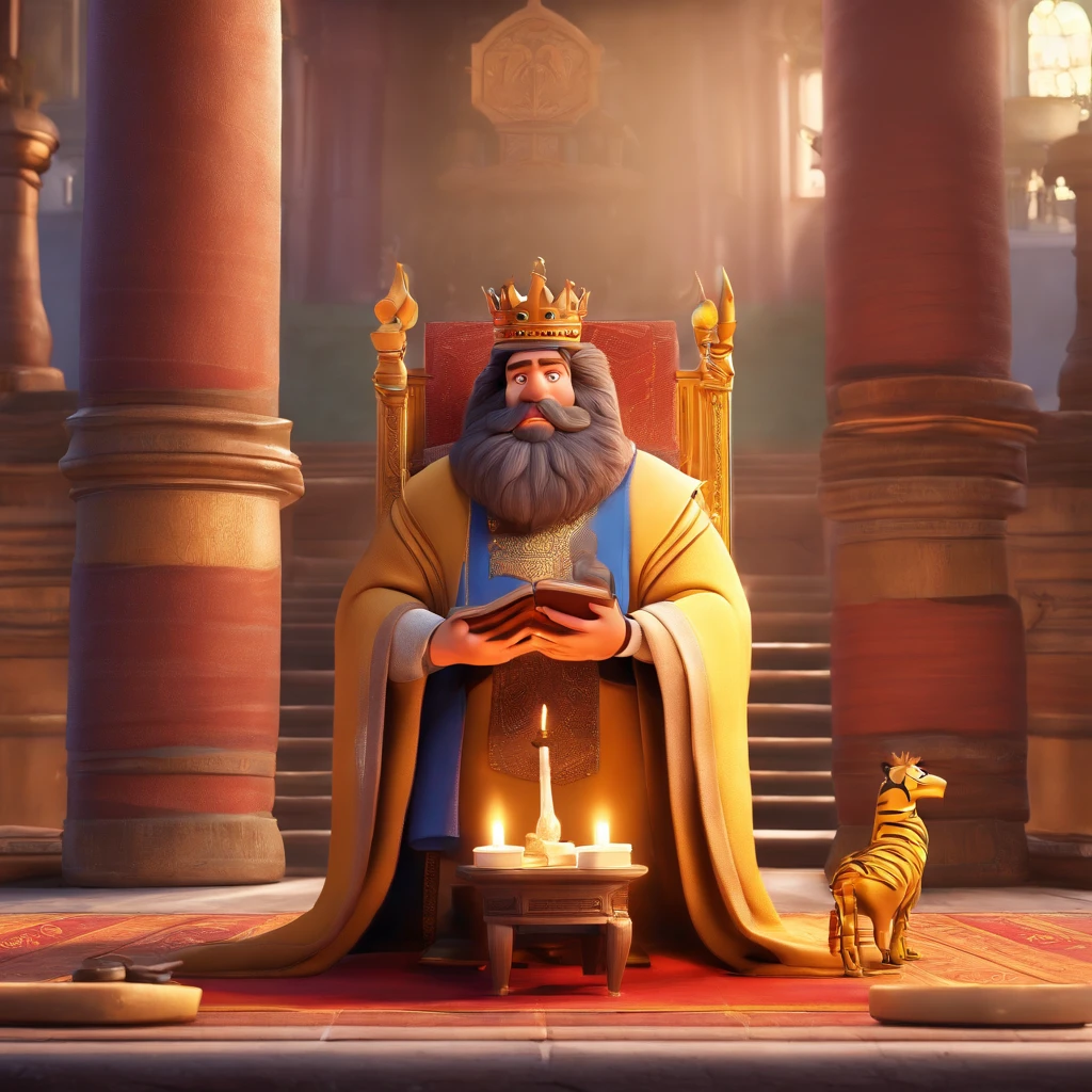 Create a Disney Pixar-inspired poster with the character being King Solomon the wise, Um homem de cabelos grisalhos , in a temple with a Bible on the table