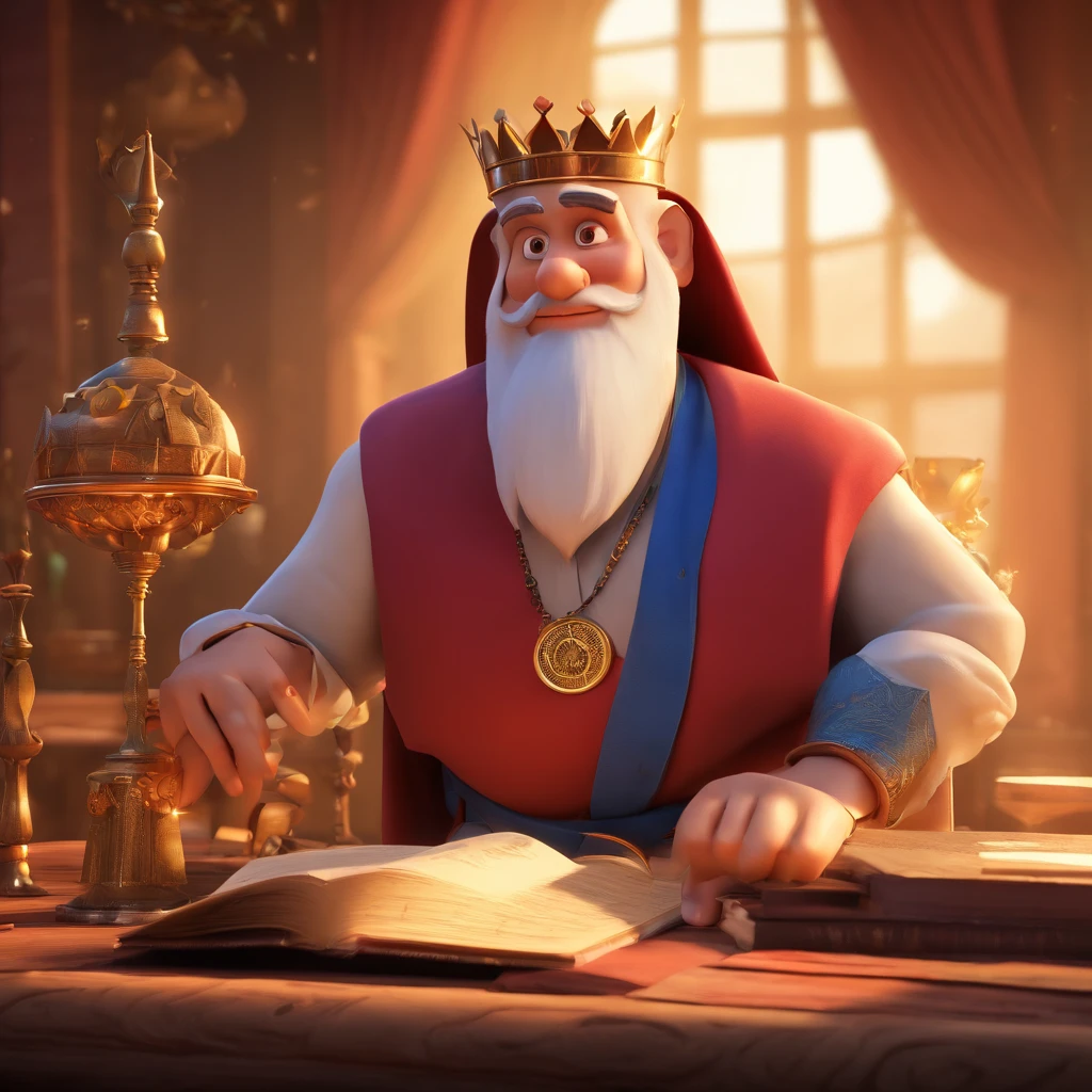 Create a Disney Pixar-inspired poster with the character being King Solomon the wise, Um homem de cabelos grisalhos , in a temple with a Bible on the table