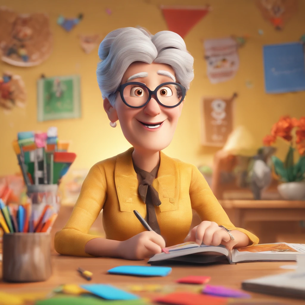 Crie um cartaz inspirado na Disney Pixar com o personagem sendo uma professora de 48 anos anos, Uma mulher de cabelo loiro longo, olhos castanhos em uma sala de aula