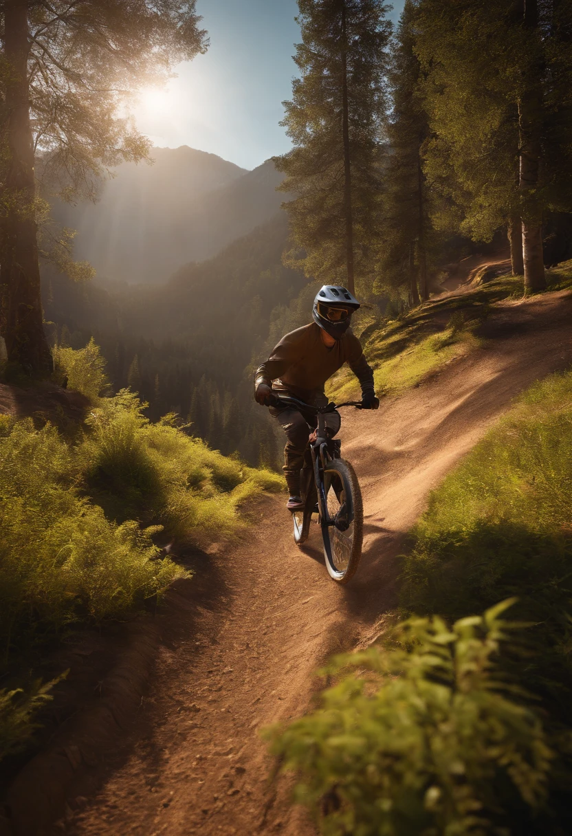 A realistic BMX track in the mountains: high-quality,masterpiece:1.2, ultra-detailed, realistic:1.37, HDR, UHD, studio lighting, extreme detail description, professional, vivid colors, bokeh, landscape, realistic dirt, rocky terrain, towering peaks, lush greenery, trick jumps, riders in mid-air, intense turns, dynamic camera angles, adrenaline-fueled atmosphere, sunlit trails, dramatic shadows, vibrant sunset hues, cinematic lighting effects