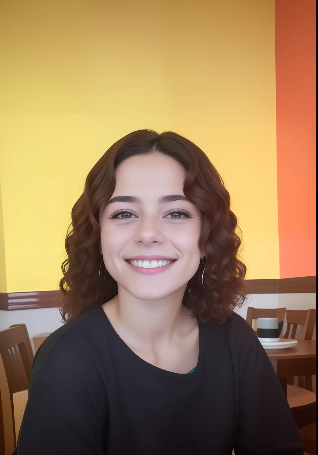 There's a young woman sitting at a table with a plate of food, Alanis Guillen, Violeta Myers, ela tem cerca de 1 6 anos de idade, curly middle part haircut, she is smiling and happy, Directed by: Nandor Soldier, taken in the early 2020s, She is grinning, she is smiling and excited, bonito e sorridente