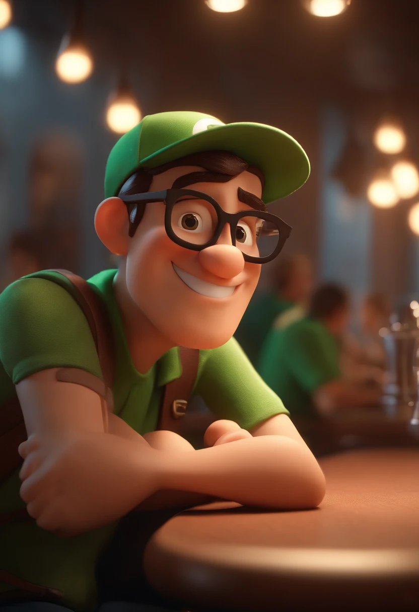 Cartoon character of a brunette man in green cap backwards with round brown glasses and a black shirt at the bar giving thumbs up, animation character, Caractere estilizado, animation style rendering, 3D estilizado, Arnold Maya render, 3 d render stylized, toon render keyshot, Personagem 3D, Personagem 3D, 3d rendering stylized, 3 d character render, personagem de desenho animado, Personagem de close up, Pose de personagem,  (Estilo Pixar) (master part:1.2) (Bokeh) (best quality) (pele detalhada) (textura detalhada) (8k) (argila) (Cinematic lighting) (foco nítido