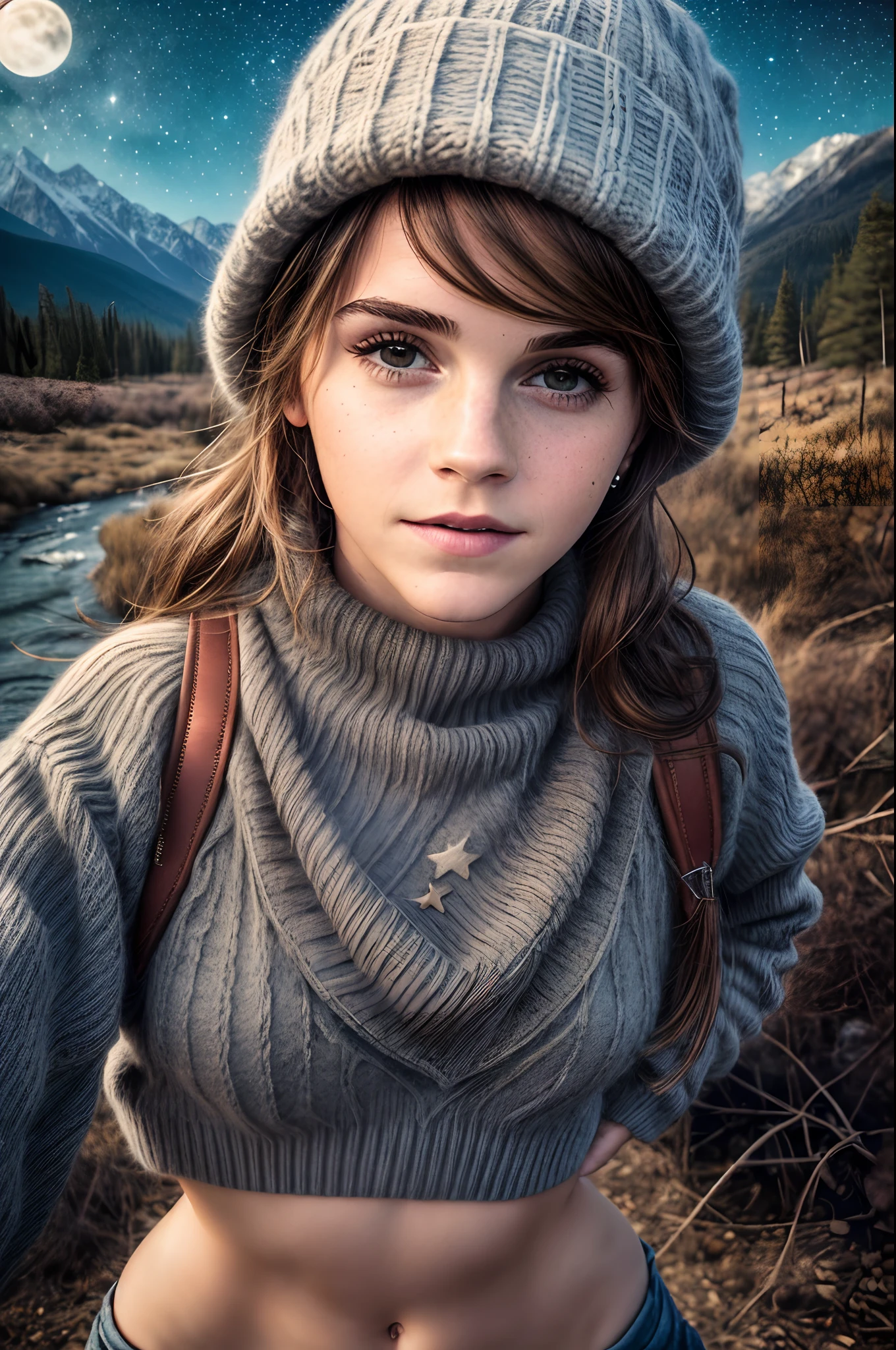 1girl, full body pose Emma Watson, ((body selfie, happy)), masterpiece, best quality, ultra-detailed, solo, outdoors, (night), mountains, nature, (stars, moon) cheerful, happy, backpack, , mountain boots, gloves, mini sweater top, bare belly, hat, flashlight, forest, rocks, river, wood, smoke, shadows, contrast, clear sky, analog style, (look at viewer:1.2), (skin texture), (film grain:1.3), (warm hue, warm tone :1.2), close up, cinematic light, sidelighting, ultra high res, best shadow, RAW, upper body, wearing pullover top