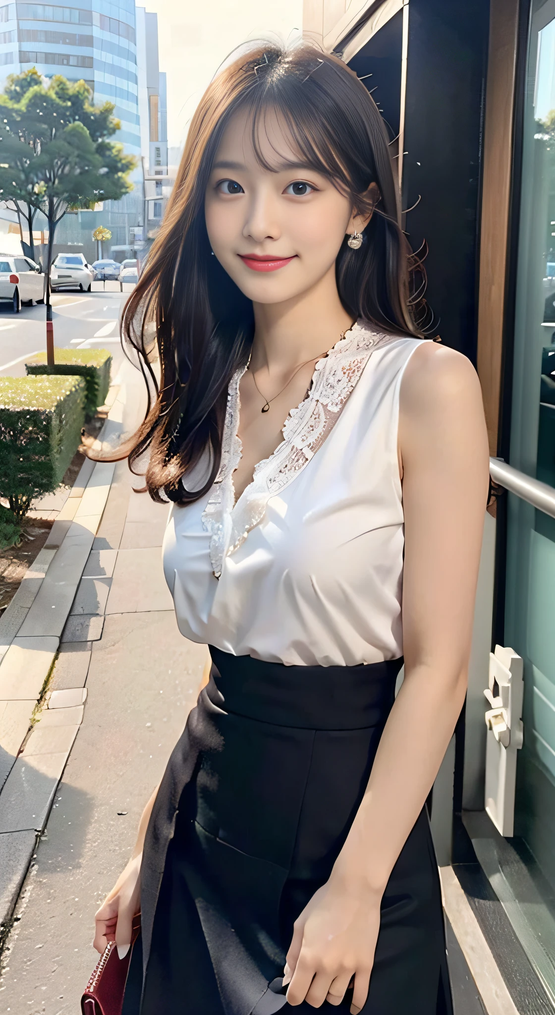((masutepiece, Best Quality)), ((hight resolution)), (photos realistic), Best Shadow, high detailing, Very detailed, (nice hand, Perfect hands), (Face Focus:1.2), ((1girl in)), Beautiful Girl, 18 years old, Brown eyes, (brown Long Hair:1.5), (Big breasts:1.3), (Smile:1.3), Glossy white skin, (view from front:1.3), (Very slender:1.3), (Cute face:1.3), (look at viewer:1.4), detailed facial features,droopy eyes, Crisp focus, perfect beautiful body and face, Cute childish face, Perfectly focused, (white frilled blouse:1.3), Long bangs, (sitting:1.4), (in the cafe:1.4), (midnight:1.3), (black short skirt)