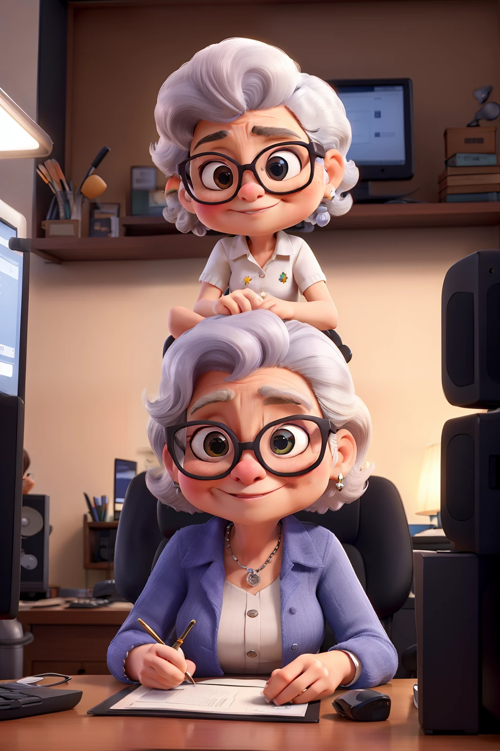 Uma mulher de 65 anos com cabelo um pouco abaixo dos ombros, castanho , Wears kitten-shaped glasses , is sitting in front of a computer and the computer on top of an L-shaped workstation