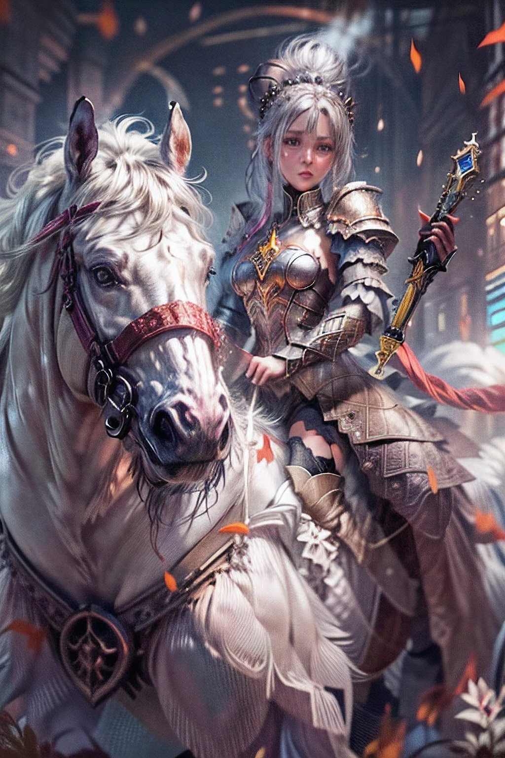 (fantasy movie poster: 1.5) named The White Knight,(movie poster: 1.5), RPG art, a beautiful  (woman: 1.3), white knight ridong a white horse, armed with a sword, wearing heavy armor, Ultra-Wide Angle, high detail, award winning, best quality, HD, 16K, rendering, high details, best quality, highres, ultra wide angle, 3D rendering, [[anatomically correct]]