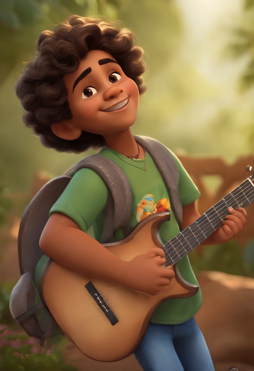 crie um banner no estilo Pixar. A boy with Indian features, moreno pardo com cabelos curtos, Castanhos escuros, Curly and slightly grayish appearance, mas jovem, usando uma camiseta, Wearing jeans and holding a classical guitar with 7 strings.