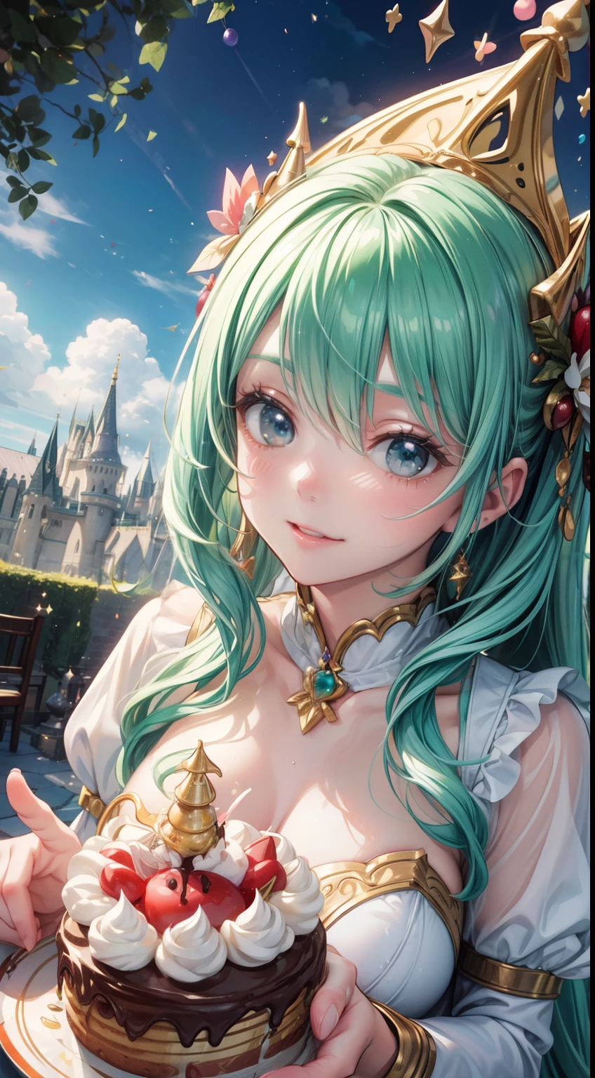 (Best quality,A high resolution,Masterpiece:1.2),Ultra-detailed,(Realistic:1.37),Cartoon style,Fantastic cream kingdom,Beautiful birthday cake,Whimsical,Cute characters,candy pastel,Enchanting atmosphere,Fluffy clouds,and sunlight pours down,Towering castle,Lush green garden,Foaming nozzles,Magical candles,Delicious aroma,Sweet temptation,Happy celebration,Birthday Blessing,Joyful laughter,Dream come true,lively scenes,Playful and lively creatures,Exquisite ornaments,Scrub the layer,Fairytale setting,Endless imagination,Chocolate drizzle,Colorful confetti,Irresistible sweetness,Magical moments of bliss,Party hats and balloons,Festive and cheerful atmosphere,chirping birds,The wish to blow out the candle,Friends smile and sing,Memorable and enjoyable