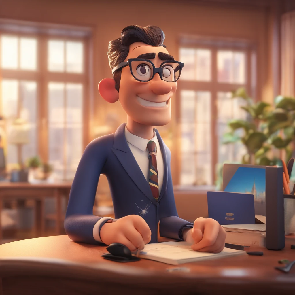 Create a Disney Pixar-inspired poster with the character being a businessman, Um homem de cabelos escuros de corte baixo, wearing goggles, In an office with a notebook on the desk, Looking forward and serious
