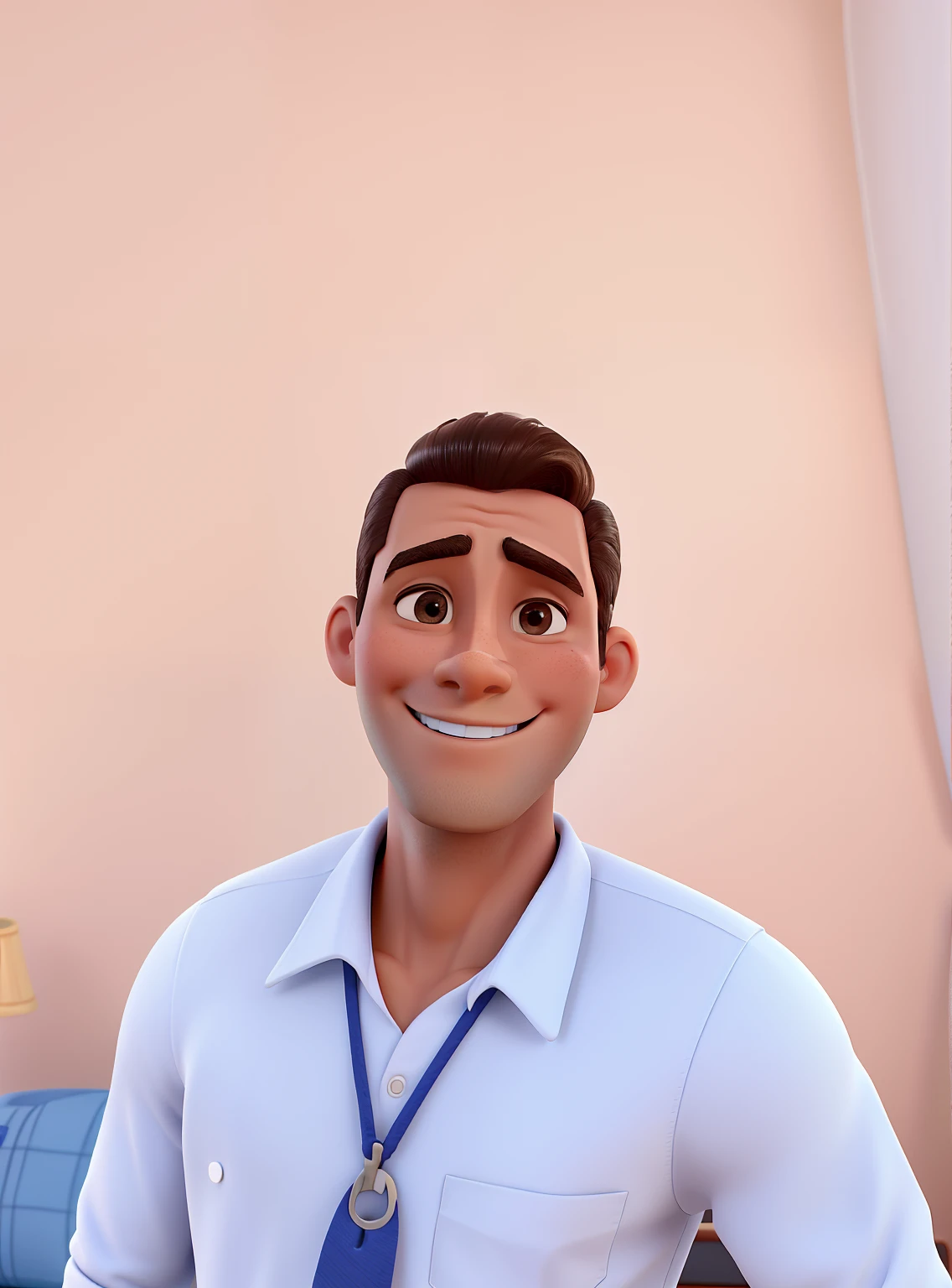 Homem alto , magro com cara feliz, de 30 anos de idade , com cabelo levantado , pele clara.