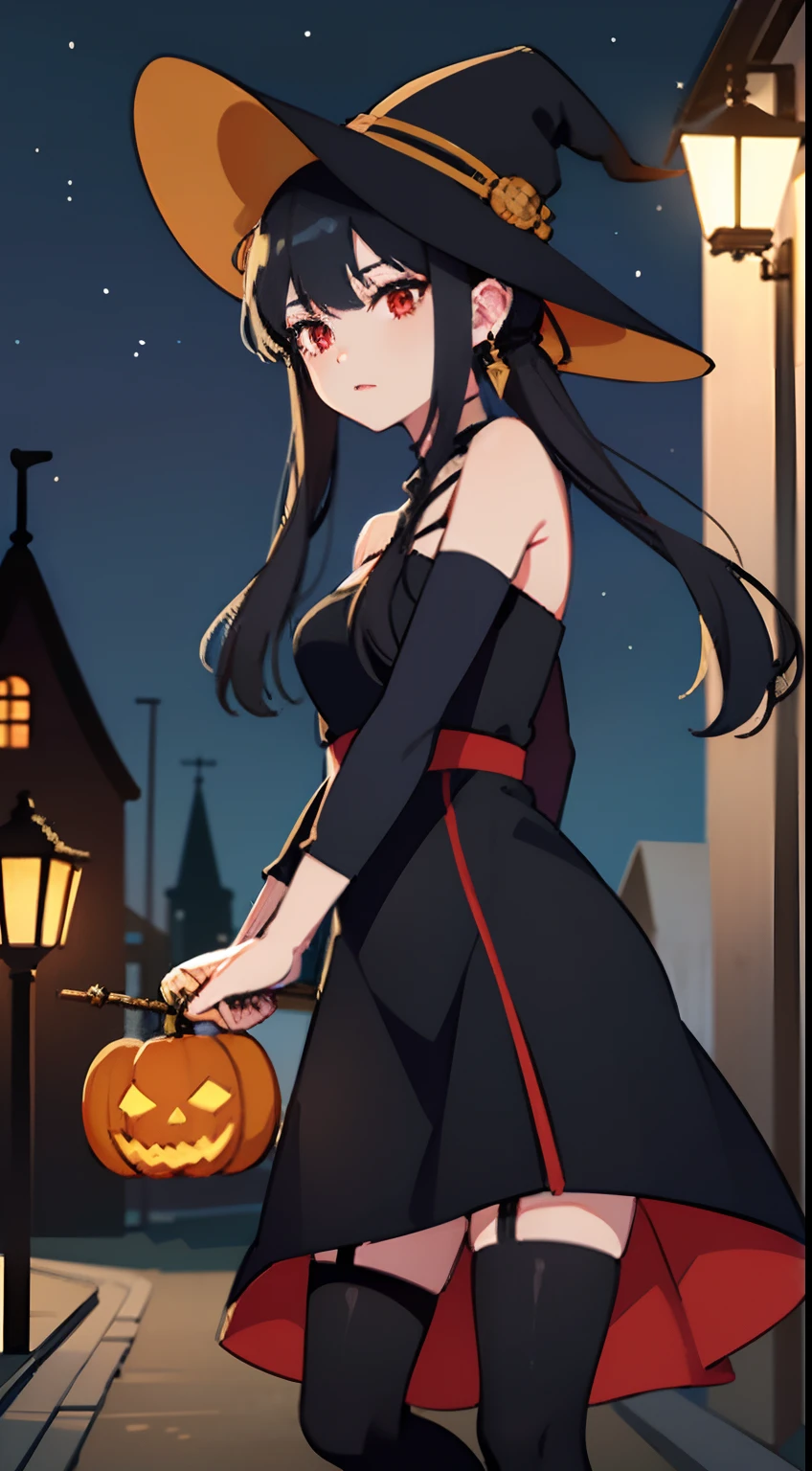top-quality、masterpiece、hight resolution、1girl in、A slender、skinny thigh、Ayolf、Black hair、short hair with long locks、Gold Hair Band、Red Eyes、Black dress、Gold Earrings、Jewelry、pantyhose、With weapons、Low posture、Attacking with the foot、Fighting、Unleash a kick、Halloween Costumes、Pumpkin Headgear、outdoors at night、Witch Hat