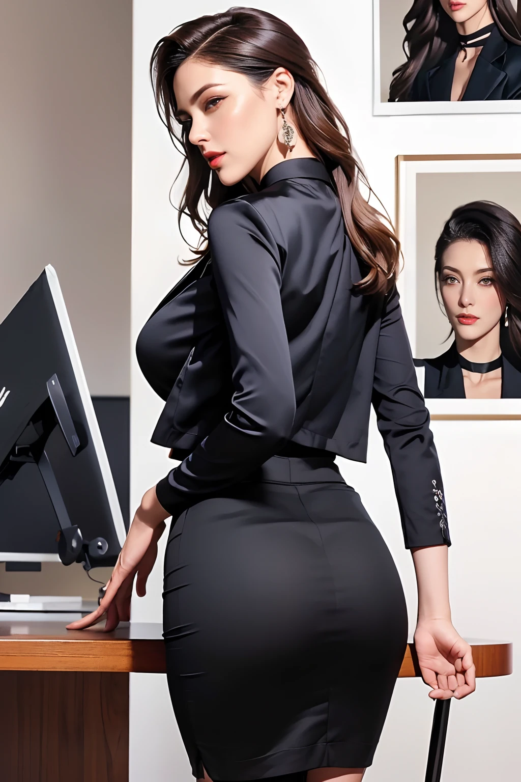 a woman walking in the office hall, a cup of coffee, a white wall, a grey table, posters on the wall,
(((masterpiece))), ((best quality)), ((intricate detailed)), ((Hyperrealistic)), absurd res, milf, mature woman, perspective, highly detailed, illustration, 1girl,(big breasts), perfect hands, detailed fingers, beautiful detailed eyes, long hair, brown eyes, CEO, (business outfit:1.2), Analogous color scheme Blazers with slender lapels dress, black leather tight skirt, black choker, earrings, stockings, detailed background, bedroom, perfect eyes, seductive eyes, looking at the viewer, back view, butt facing camera, ((rounded protruding ass)),((satin pencil skirt))