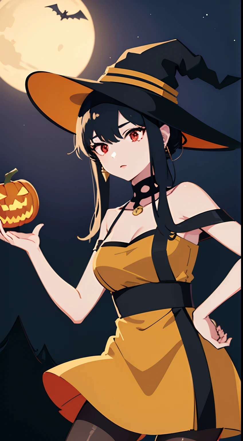 top-quality、​masterpiece、hight resolution、1girl in、A slender、skinny thigh、Ayolf、Black hair、short hair with long locks、Gold Hair Band、Red Eyes、Black dress、Gold Earrings、Jewelry、pantyhose、With weapons、Low posture、Attacking with the foot、Fighting、Unleash a kick、Halloween Costumes、Pumpkin Headgear、outdoors at night、Witch Hat