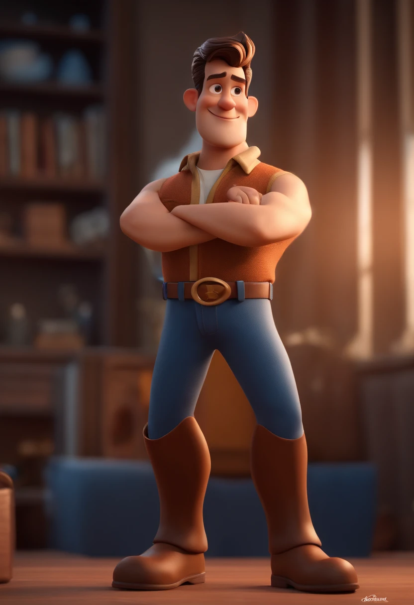 Personagem de desenho animado de um homem jovem com cabelos curtos, barba castanha e uma camisa azul, um personagem animado, Caractere estilizado, animation style rendering, 3D estilizado, Arnold Maya render, 3 d render stylized, toon render keyshot, Personagem 3D, Personagem 3D, 3d rendering stylized, 3 d character render, personagem de desenho animado, Personagem de close up, Pose de personagem, (Estilo Pixar) (master part:1.2) (Bokeh) (best quality) (pele detalhada) (textura detalhada) (8k) (argila) (Cinematic lighting) (foco nítido，Senta e vaza a parte superior do corpo