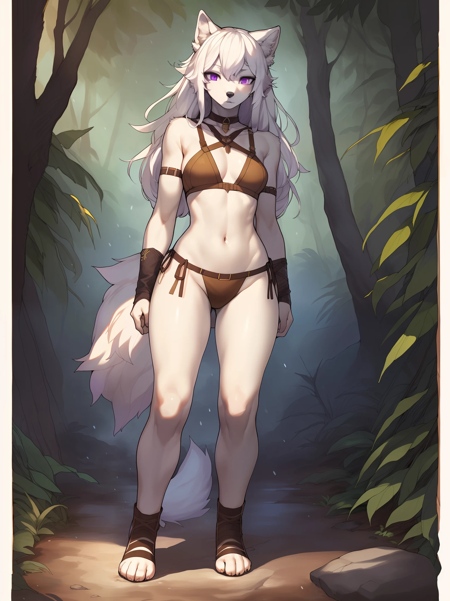 Naomi, solo, female, (slim), (white female anthro wolf):1.3, standing, (brown tribal clothing, skimpy) detailed eyes, wolf tail, long white hair, (detailed eyes, purple eyes, glowing eyes):1.1, (outdoors:1.35), in a jungle, (heavy rain):1.4, night, detailed background, 8k HD, (dark shadows, wide dynamic range, hdr, low light:1.2), (by gudlmok99, by sleepiness18, by claweddrip) full body shot, feet in frame, 4 toes, feet paws, hiding in foliage, crawling