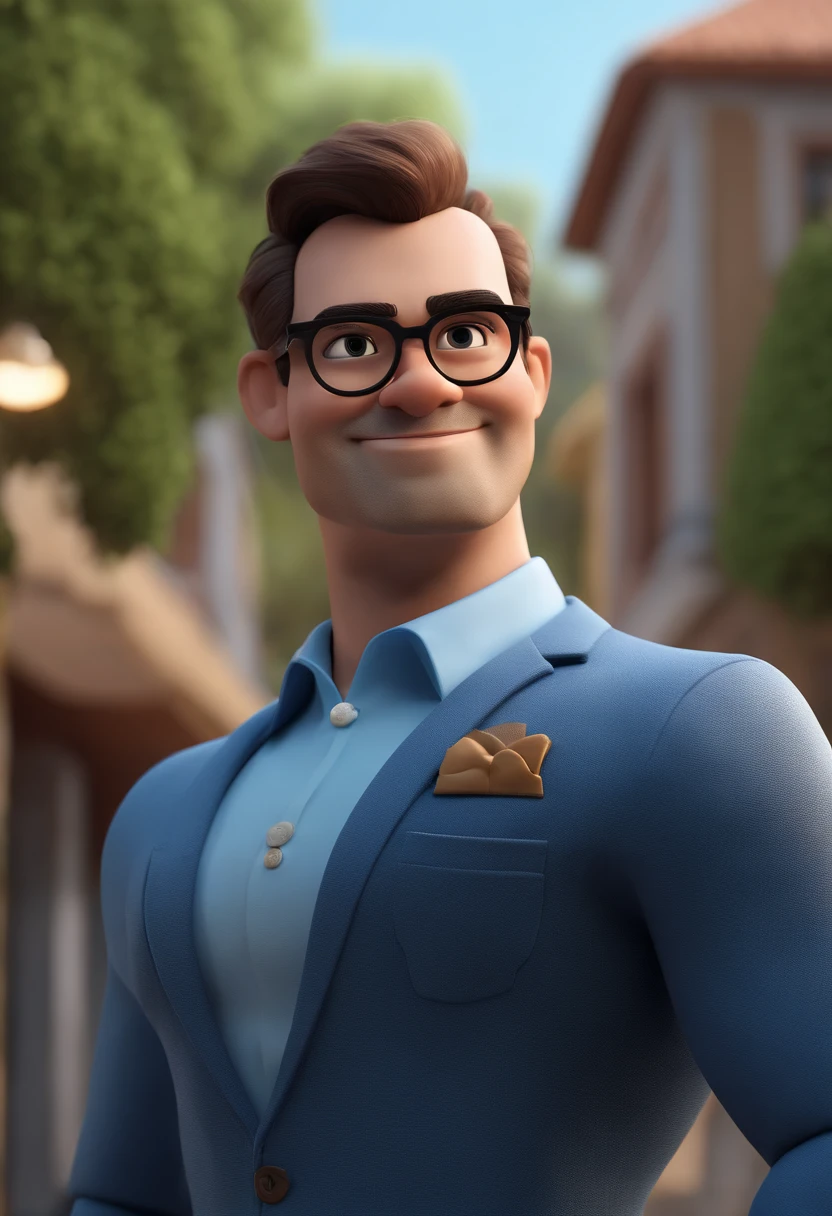 Cartoon character of a man with black glasses and a blue shirt, animation character, Caractere estilizado, animation style rendering, 3D estilizado, Arnold Maya render, 3 d render stylized, toon render keyshot, Personagem 3D, Personagem 3D, 3d rendering stylized, 3 d character render, personagem de desenho animado, Personagem de close up, Pose de personagem,  (Estilo Pixar) (master part:1.2) (Bokeh) (best quality) (pele detalhada) (textura detalhada) (8k) (argila) (Cinematic lighting) (foco nítido