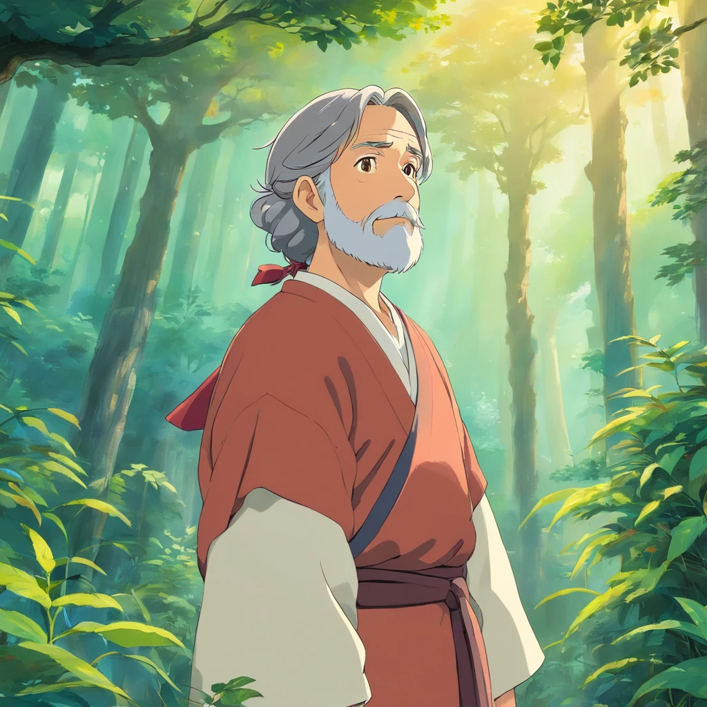 Create a charming depiction of a middle-aged man with a full, uneven beard, cabelos e barba brancas, reminiscent of a wise storyteller. This man possesses distinctive Slavic features, com olhos expressivos que carregam sabedoria e gentileza. Her hair is of medium length, caindo suavemente pelos ombros. He is dressed in simple clothes, inspiradas em trajes tradicionais, que se fundem harmoniosamente com a natureza ao seu redor. Imagine it in a tranquil and magical setting, just like the stunning landscapes of Studio Ghibli films. Capture the essence of serenity and wisdom in your gaze, as he contemplates the world with a mixture of curiosity and understanding. Feel the magical and cozy atmosphere that permeates this scene, and bring that image to life with the beauty and charm characteristic of Studio Ghibli's masterpieces.